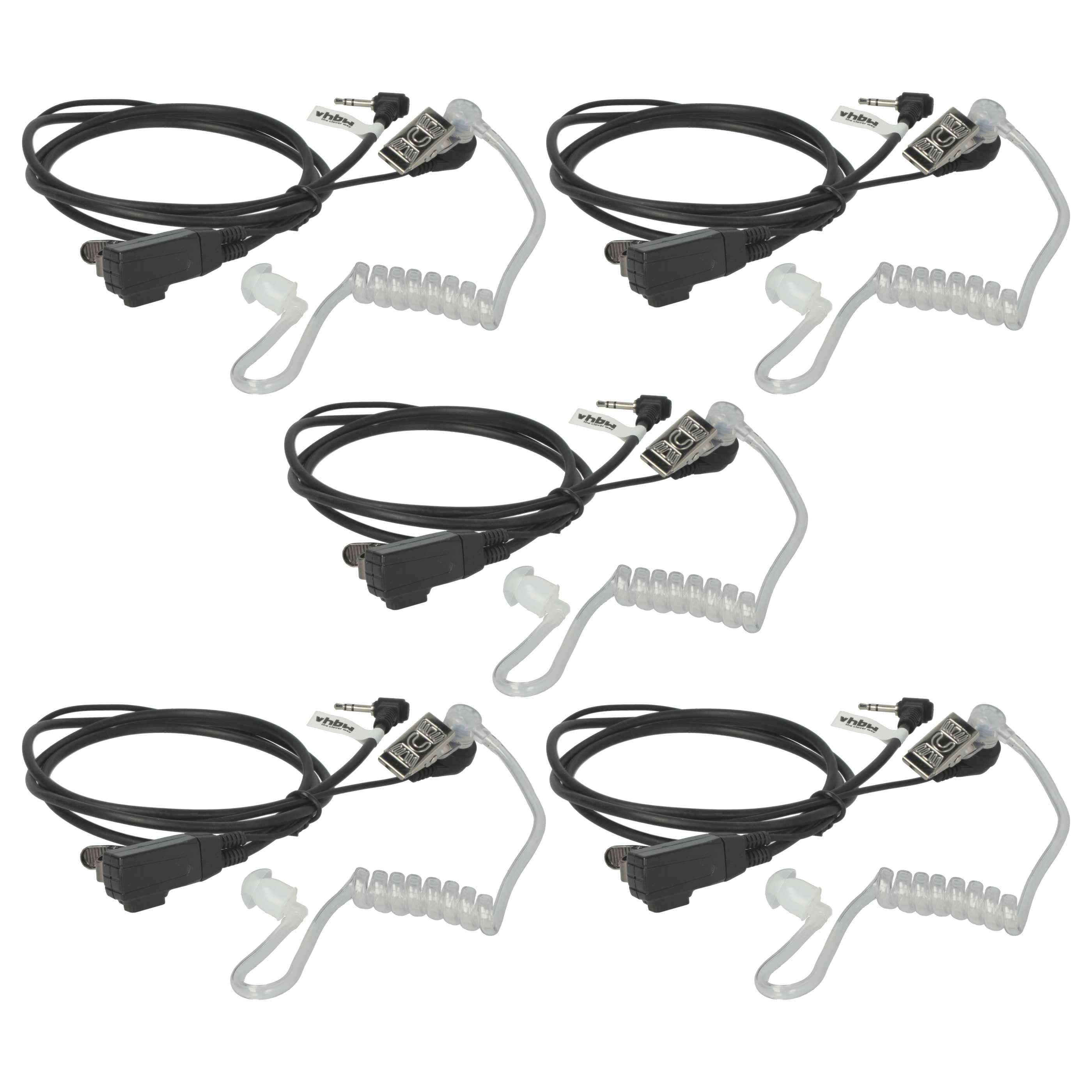 Fünf schwarze akustische Spulenkopfhörer mit transparenten Schläuchen und 3,5-mm-Anschlüssen, angeordnet in zwei Reihen vor weißem Hintergrund.