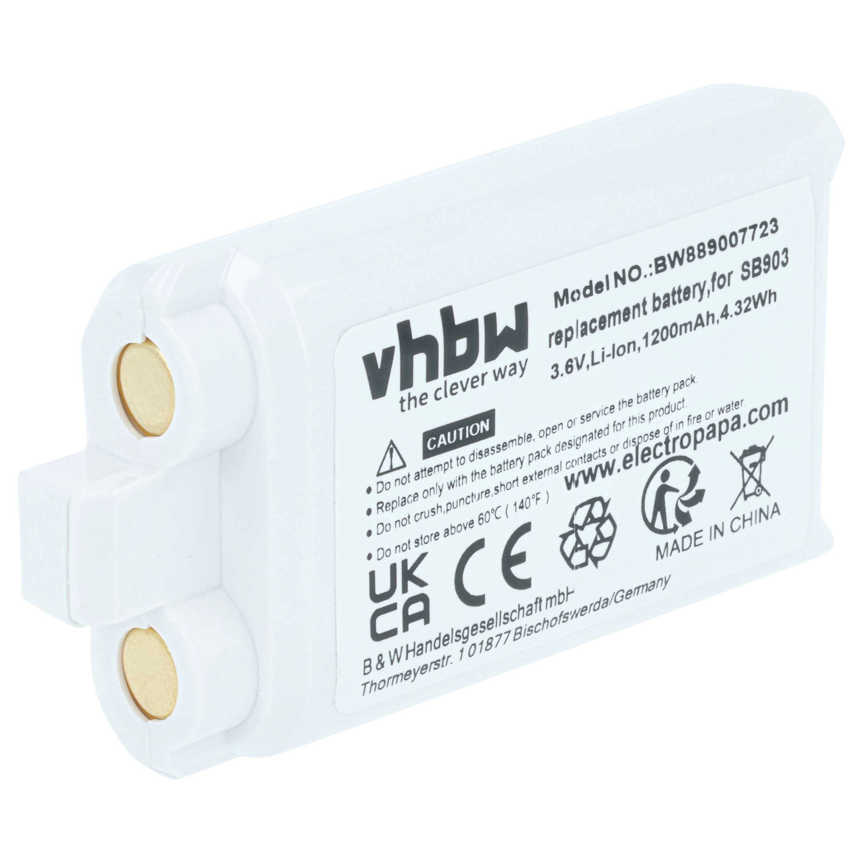 vhbw Ersatzbatterie für S8903, 3,6V, Li-Ion, 1200mAh, 4,32Wh.' Weiße Batterie mit goldenen Anschlüssen und Sicherheitswarnungen auf der Seite aufgedruckt.