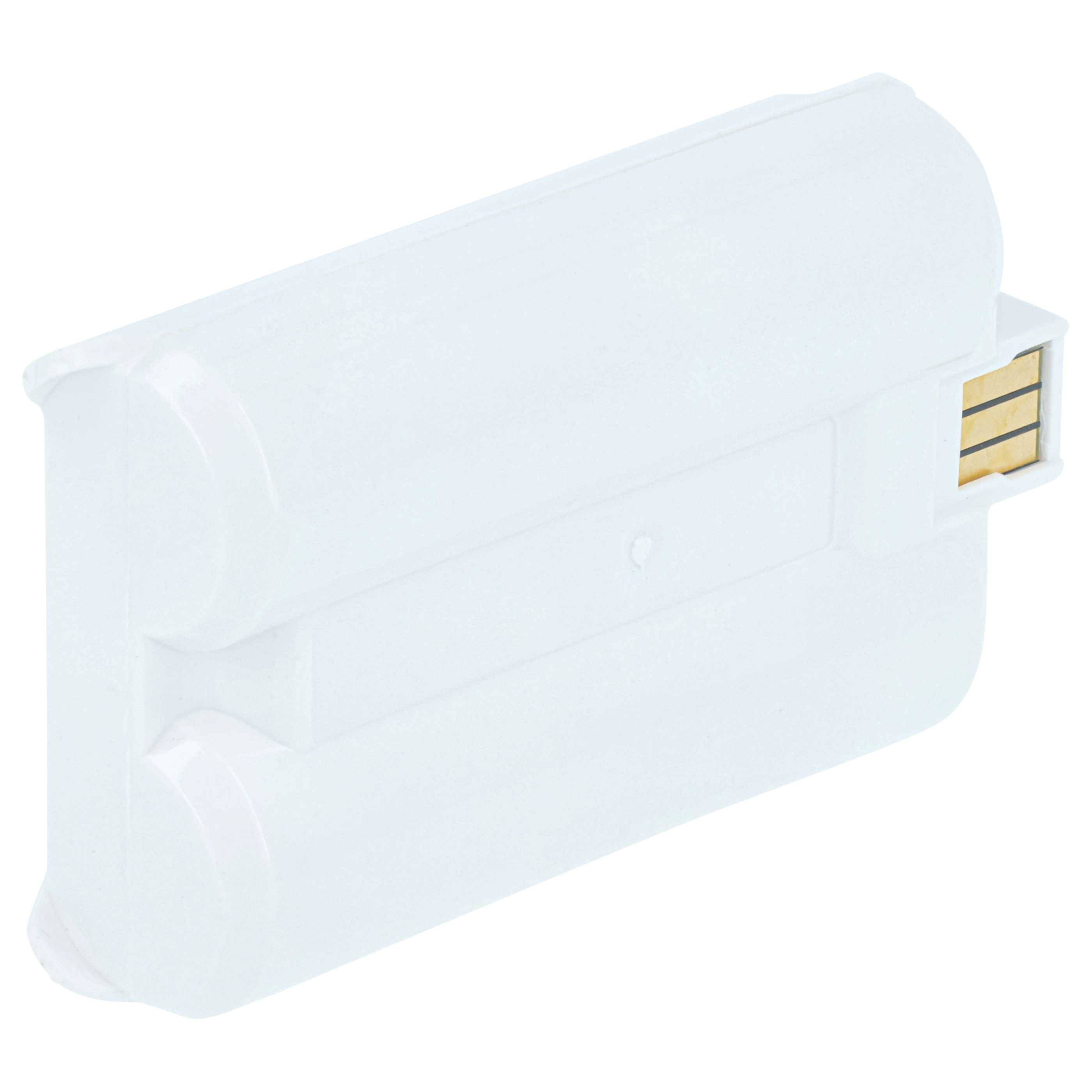 Ein weißes Wii Remote-Akku-Paket mit goldfarbenen Steckkontakten wird gezeigt, das für die Verwendung mit Nintendo Wii-Controllern entwickelt wurde.