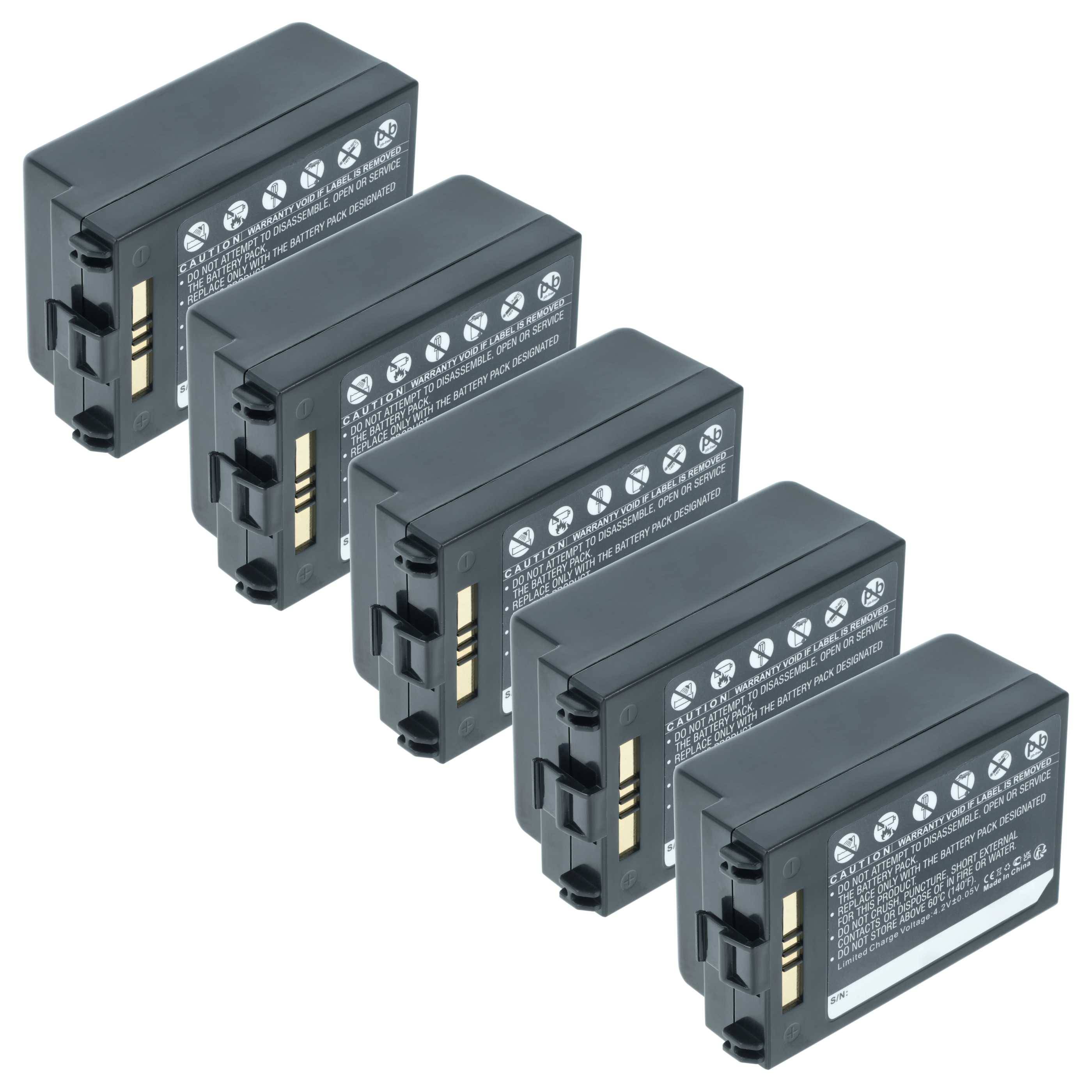 Fünf schwarze wiederaufladbare Kamerabatterien in einer Reihe angeordnet, jede mit Sicherheitssymbolen und Anweisungen auf ihren Etiketten.