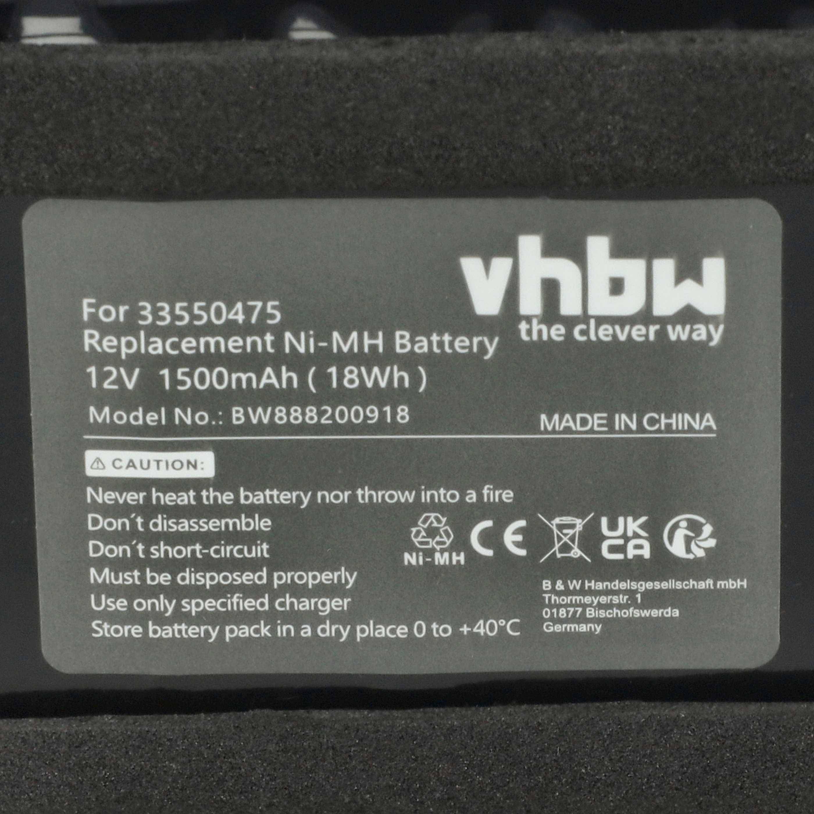 vhbw Ersatz-Ni-MH-Akku, 12V 1500mAh (18Wh). Modell: BW888200918. Hergestellt in China. Vorsicht: Nicht kurzschließen oder ins Feuer werfen.