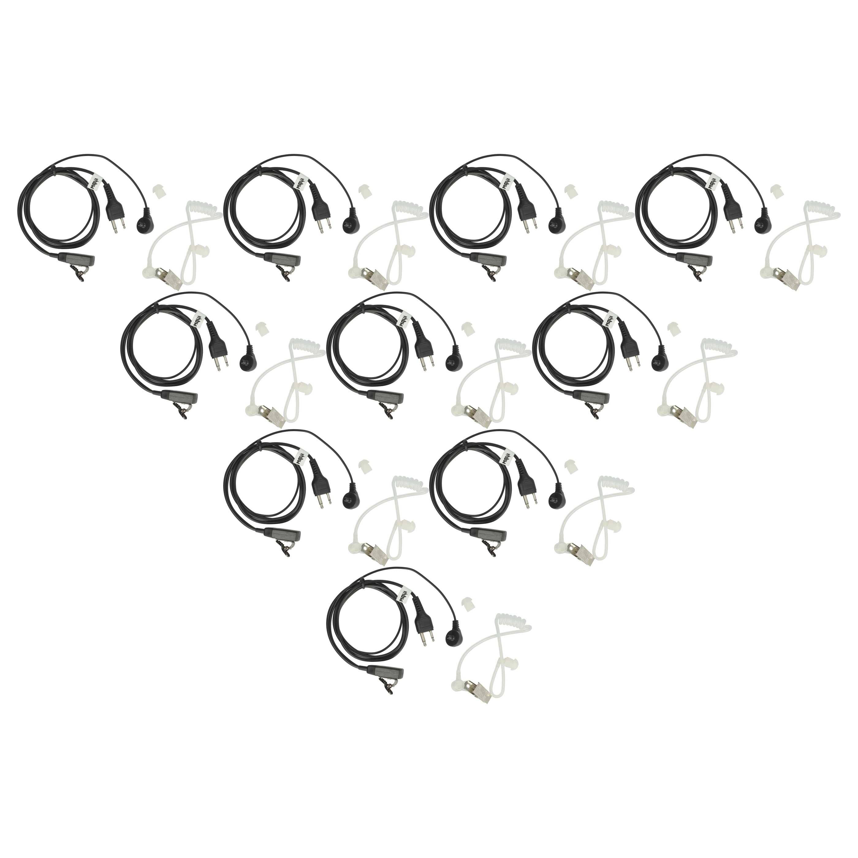 Mehrere aufgerollte Kopfhörer-Sets mit akustischen Schläuchen und Ohrhörern in einer Herzform für Sicherheits- oder Kommunikationsgeräte angeordnet.