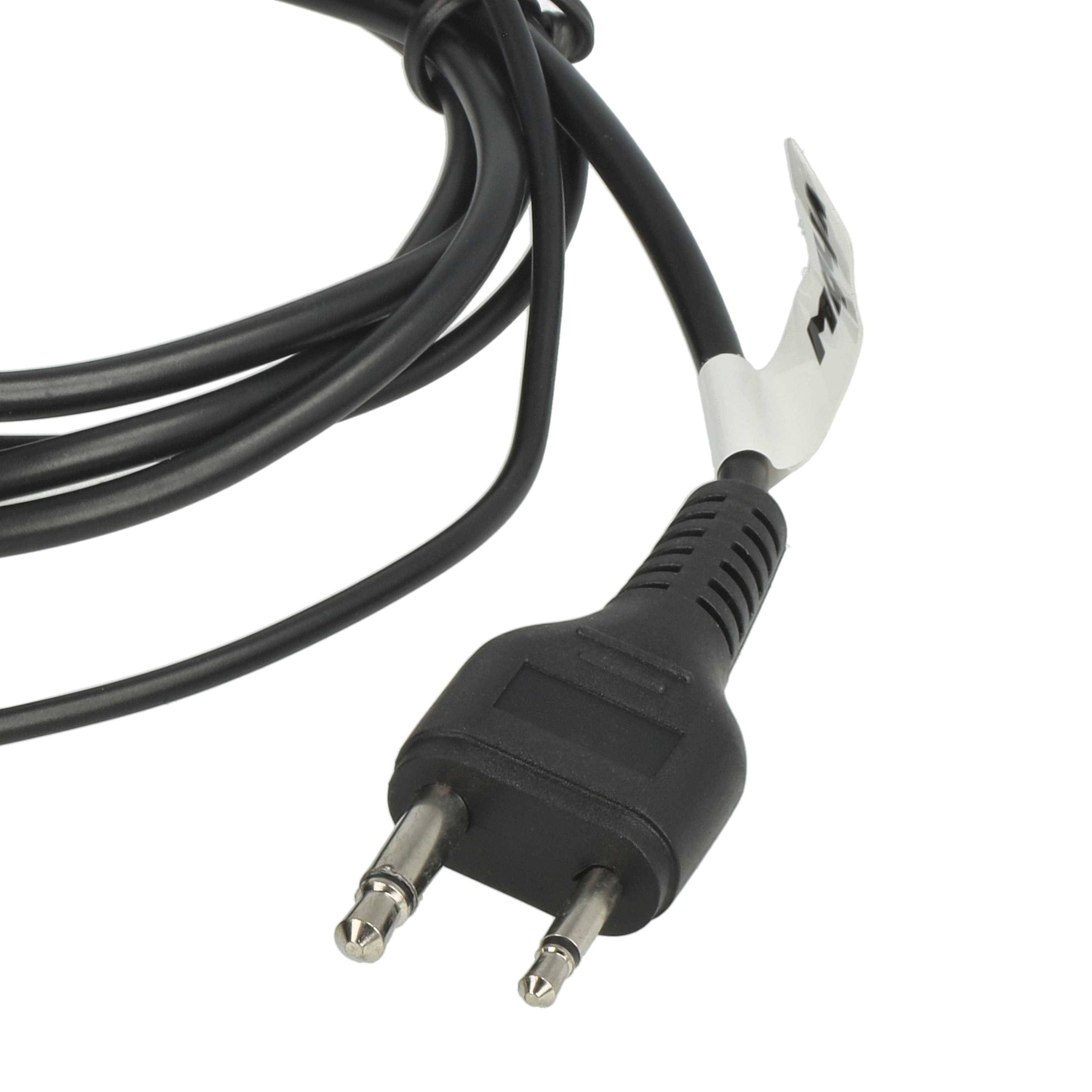 Ein schwarzer europäischer Zwei-Pol-Stecker mit einem langen schwarzen Kabel, das ordentlich aufgerollt ist, isoliert vor weißem Hintergrund.