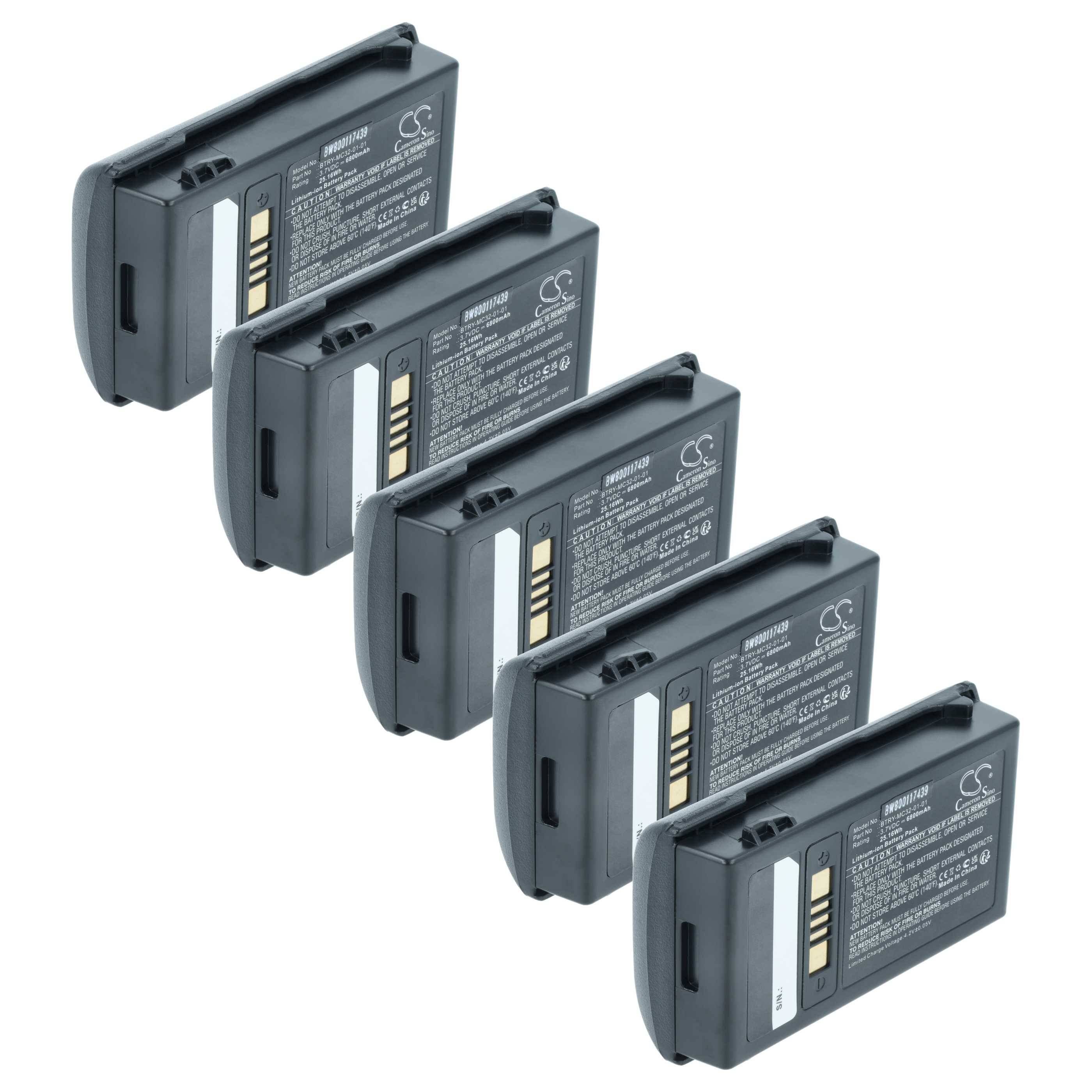 Fünf schwarze wiederaufladbare Lithium-Ionen-Batterien in einer Reihe angeordnet, jede mit vergoldeten Kontaktpunkten und aufgedruckten Spezifikationen.