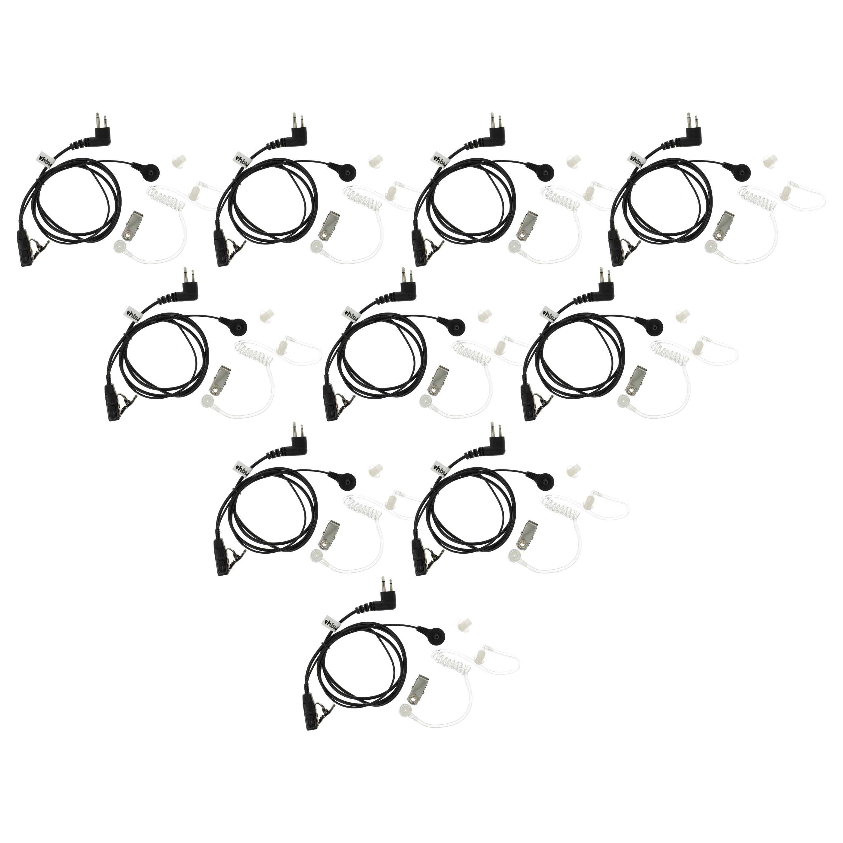 Packung mit zehn schwarz-weißen Kopfhörer-Headsets mit durchsichtigen Schläuchen und Clips, in einer dreieckigen Anordnung angeordnet.