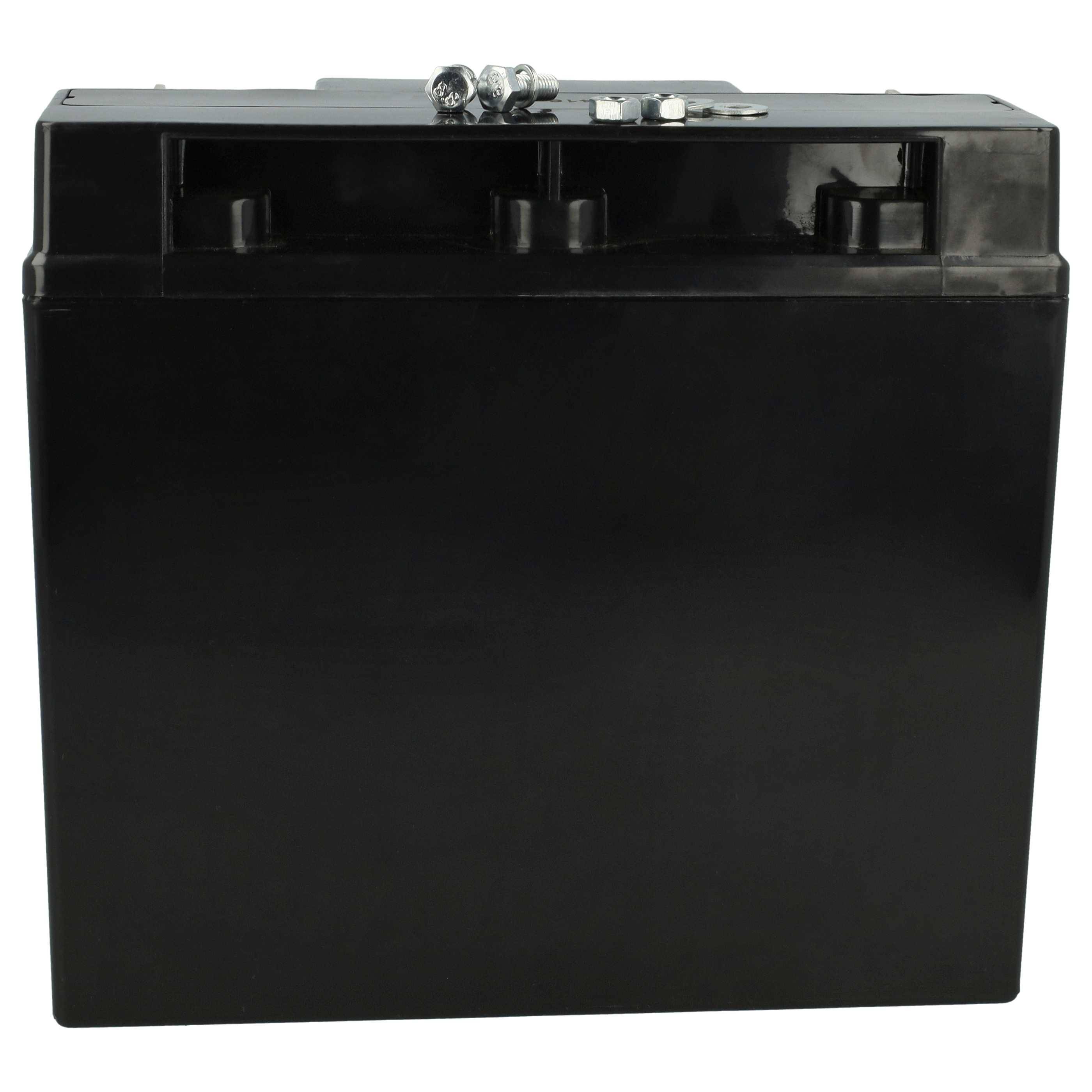 Eine schwarze rechteckige Autobatterie mit zwei sichtbaren Anschlüssen auf der Oberseite.