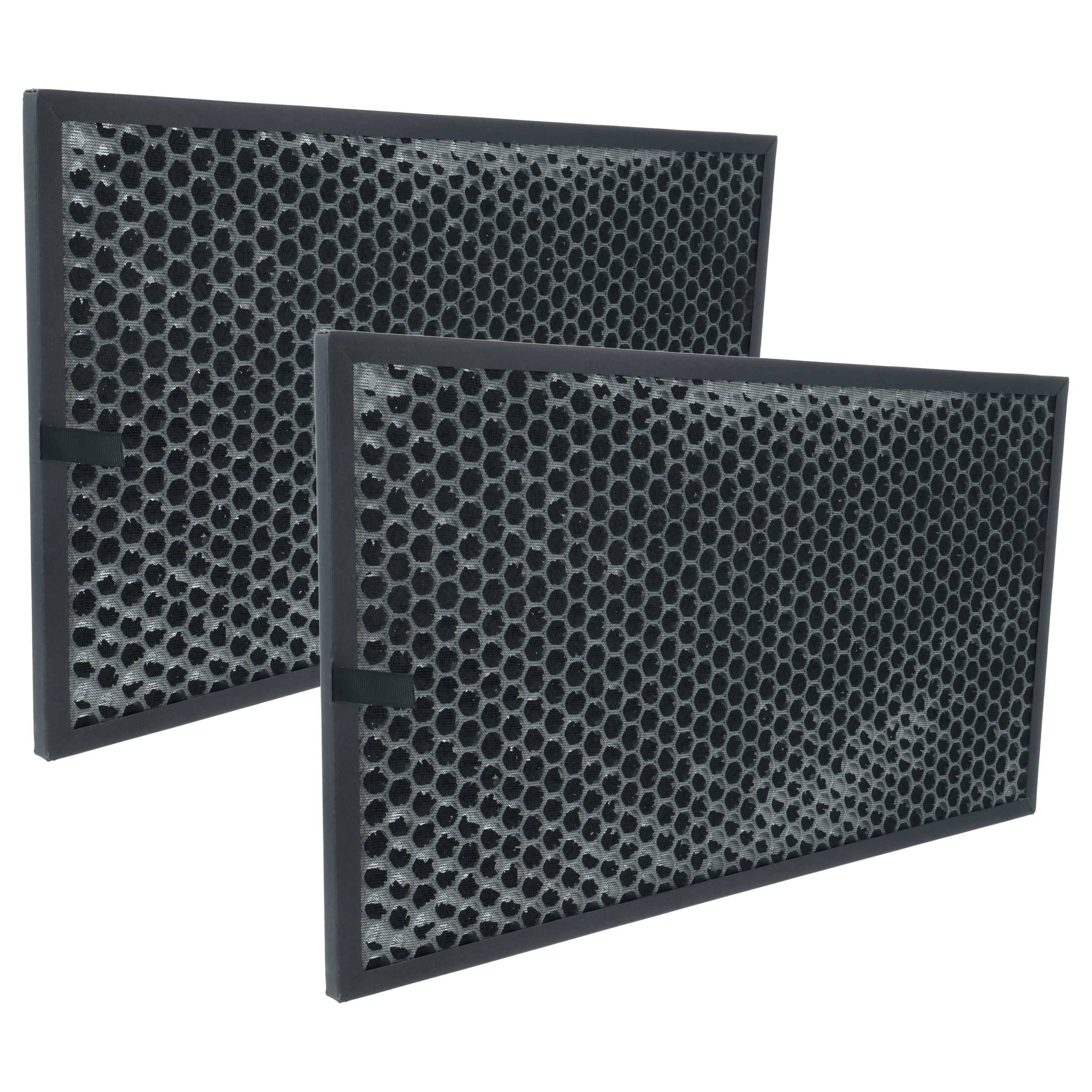 Zwei schwarze Luftfilter mit Wabenstruktur nebeneinander, im Winkel positioniert, um Tiefe und Textur zu zeigen, verwendet zur Luftreinigung in Geräten.