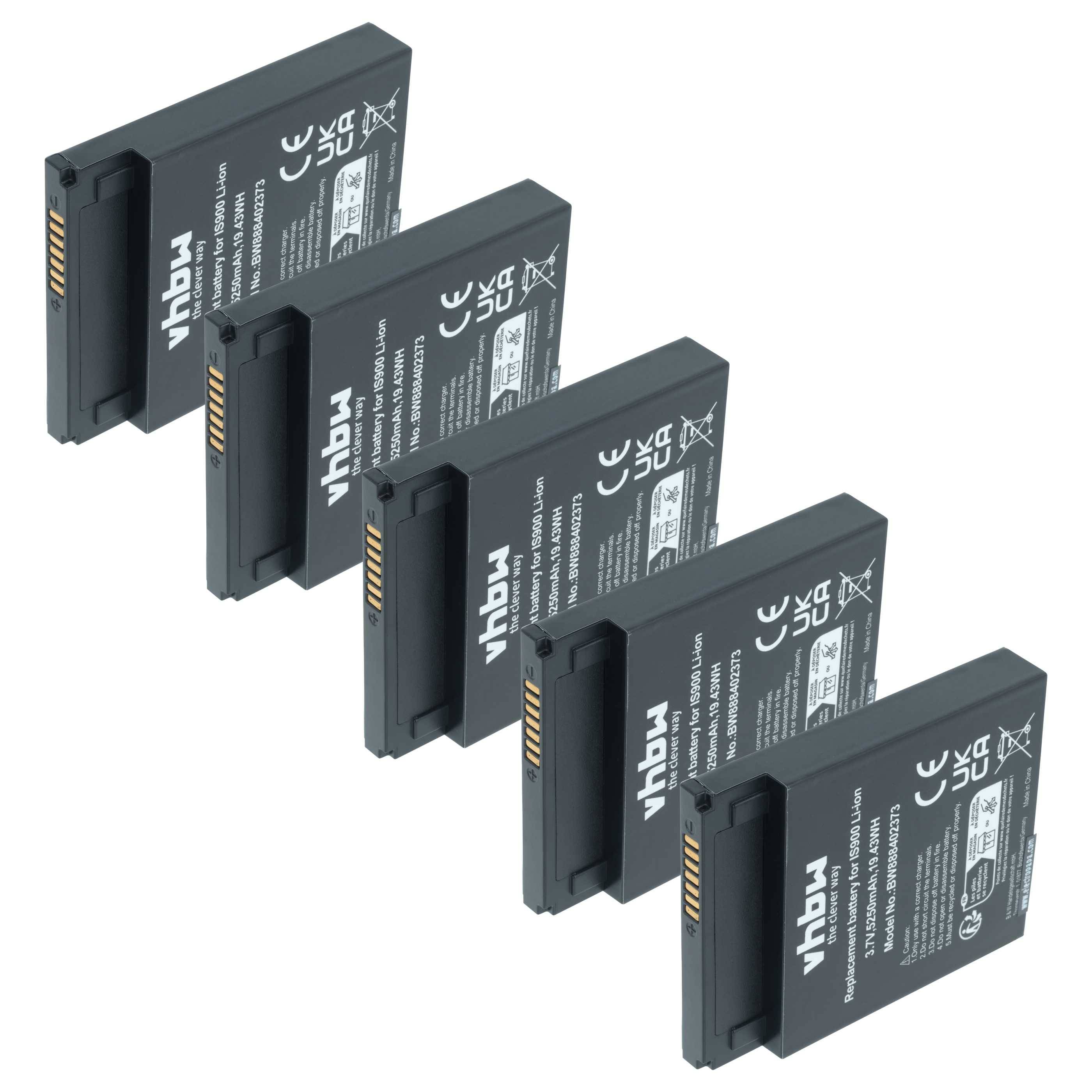 Sechs schwarze vhbw Kamerabatterien in zwei Reihen angeordnet, jede zeigt Anschlussanschlüsse und Modellspezifikationen auf der Oberseite.