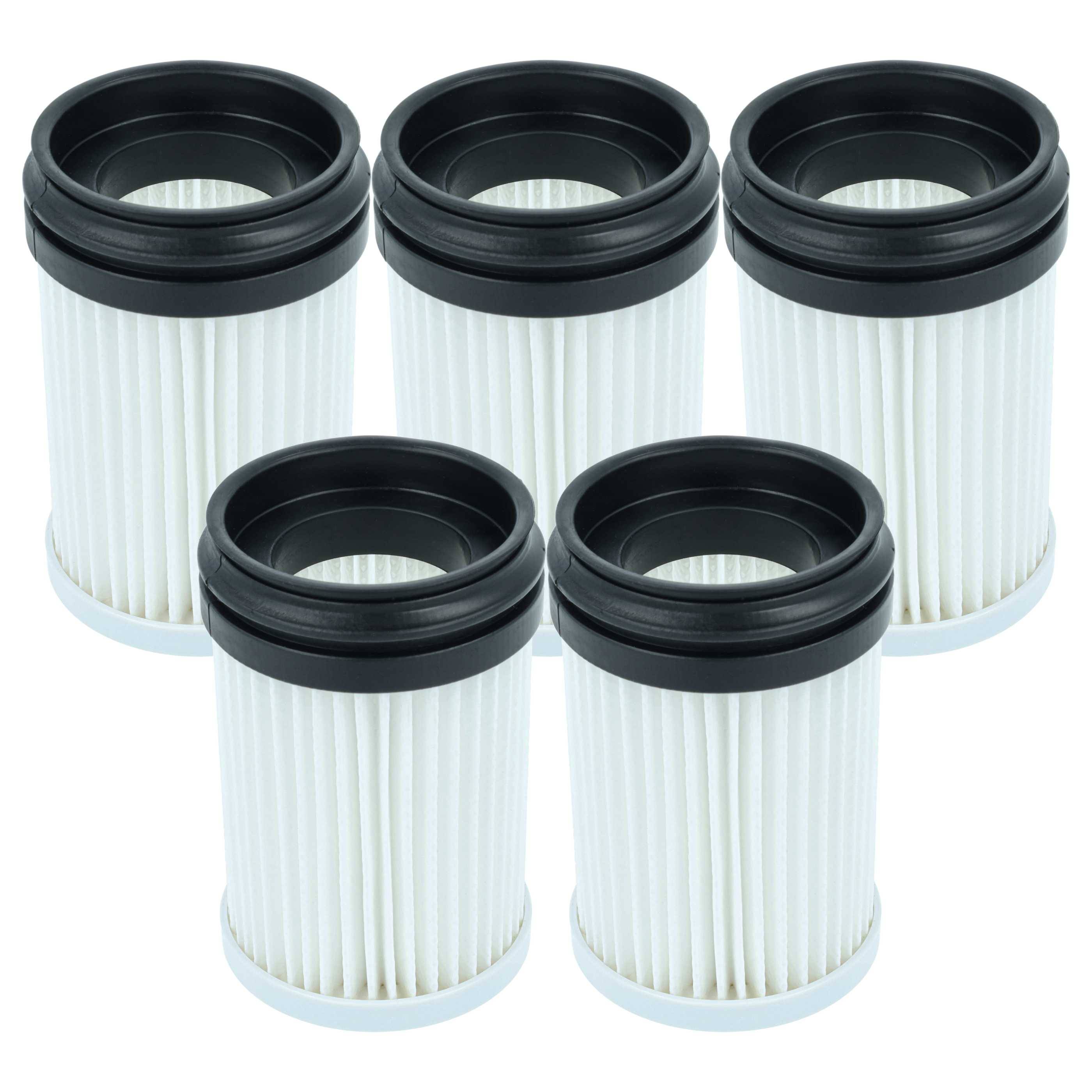 Fünf weiß-schwarze zylindrische Luftfilter mit gefalteten Designs, in einer Gruppe angeordnet, auf weißem Hintergrund.