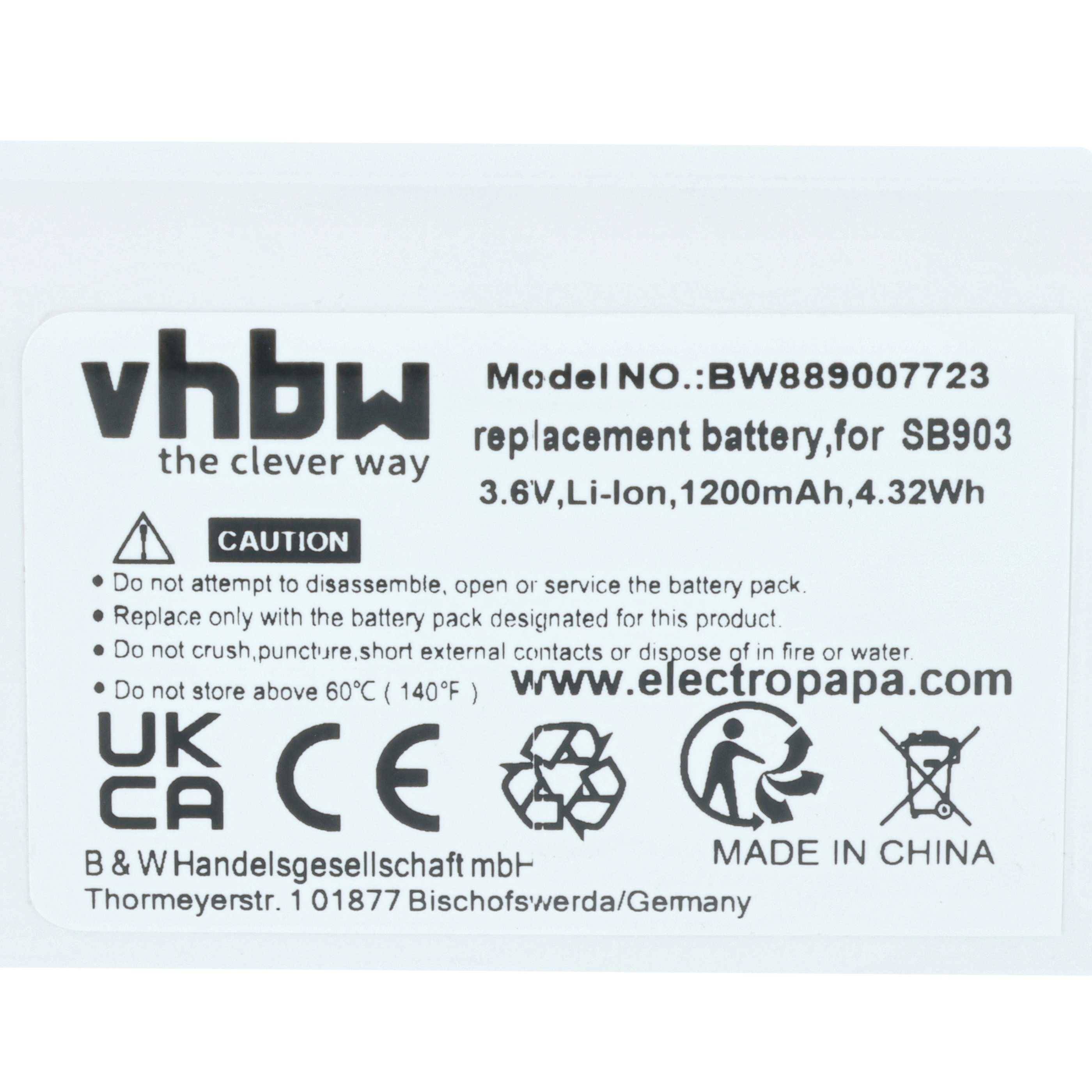vhbw Ersatzbatterie für SB903. 3,6V, Li-Ion, 1200mAh, 4,32Wh. Hergestellt in China. www.electropapa.com. VORSICHT: Befolgen Sie die Sicherheitsanweisungen.