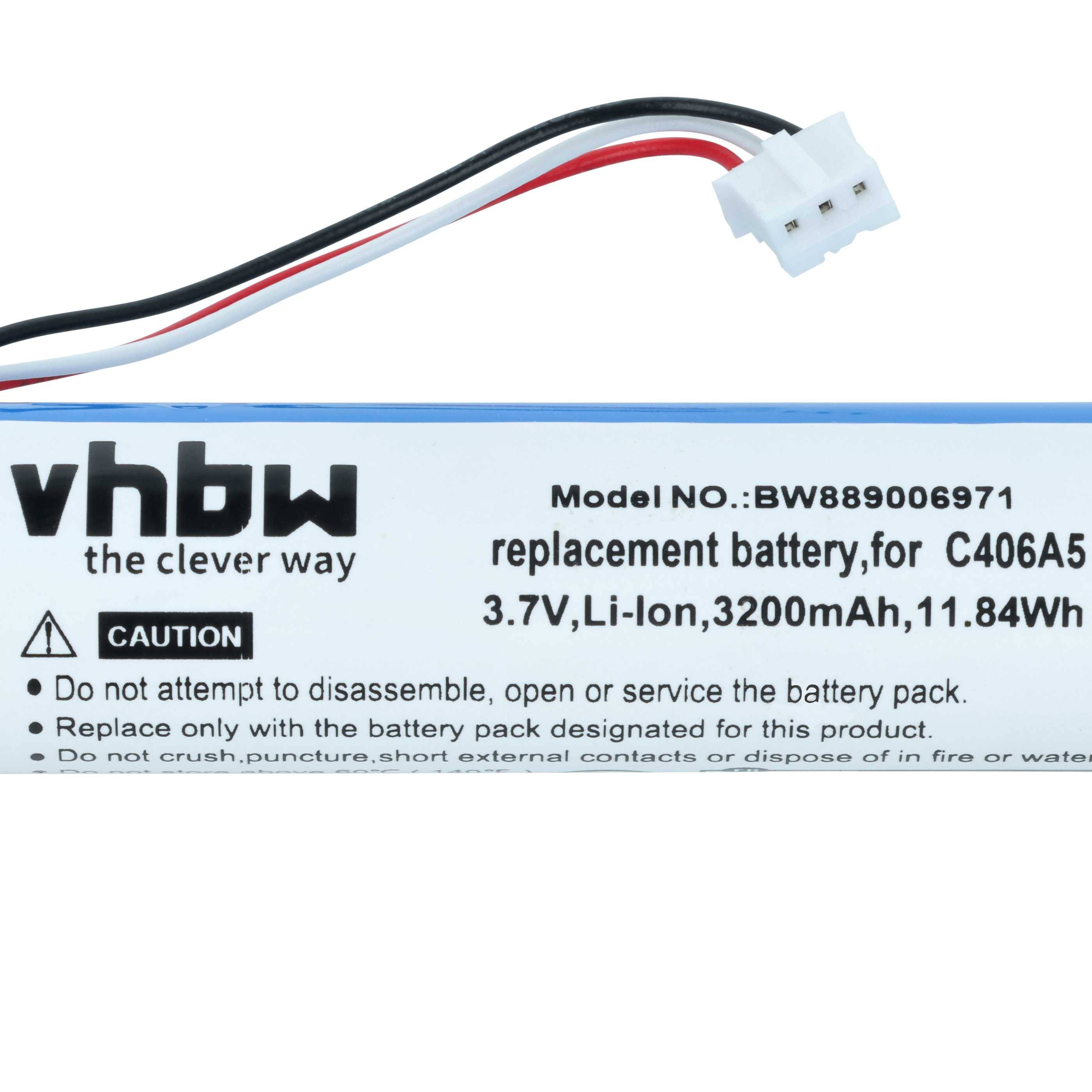 Ersatzbatterie für C406A5, Modell BW88096091. Spezifikationen: 3,7V, Li-Ion, 3200mAh, 11,84Wh. Enthält Sicherheitshinweis zu Feuer/Elektronik.
