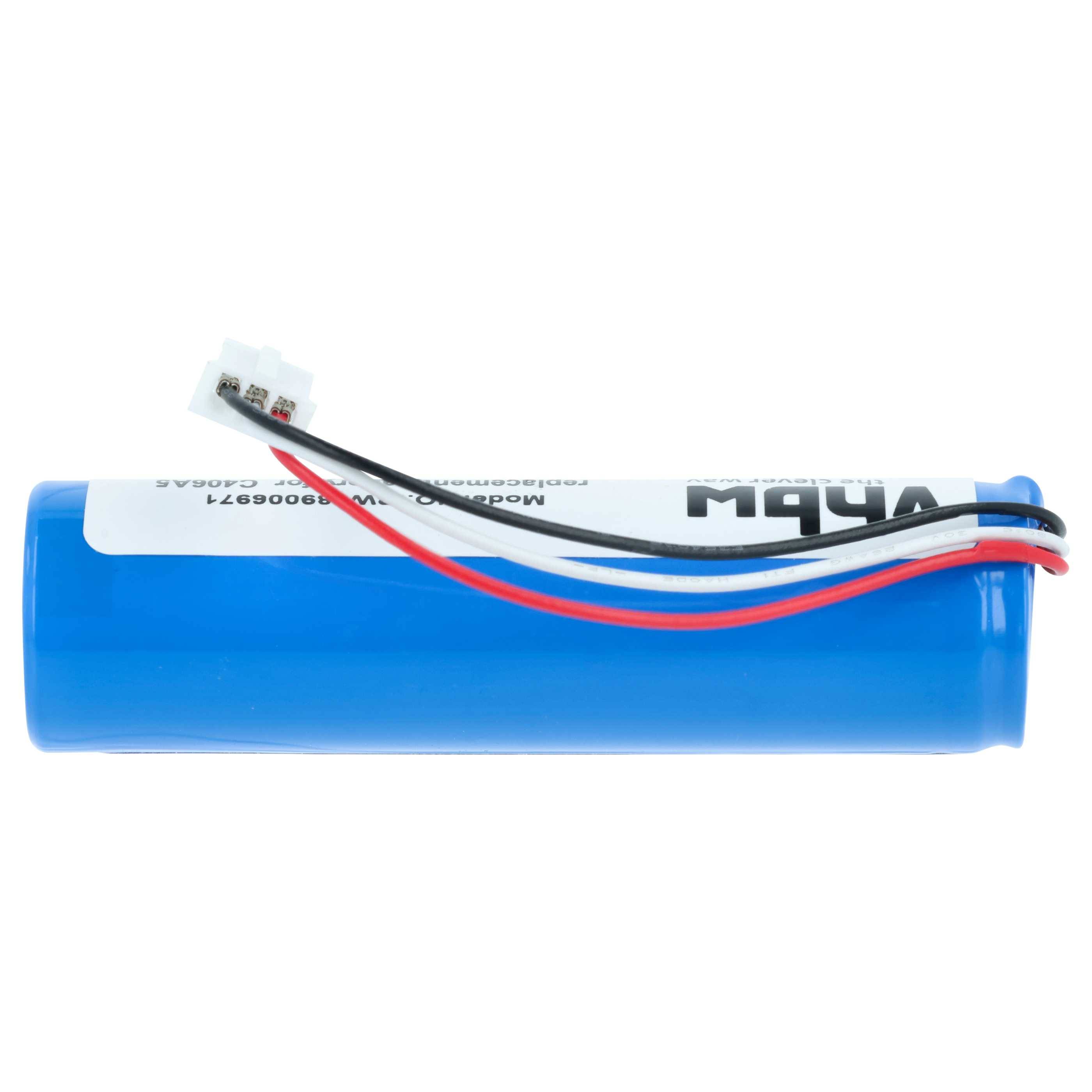 Eine blaue zylindrische Batterie mit weißen, schwarzen und roten Drähten angebracht, verwendet für elektronische Geräte oder kleine Haushaltsgeräte.