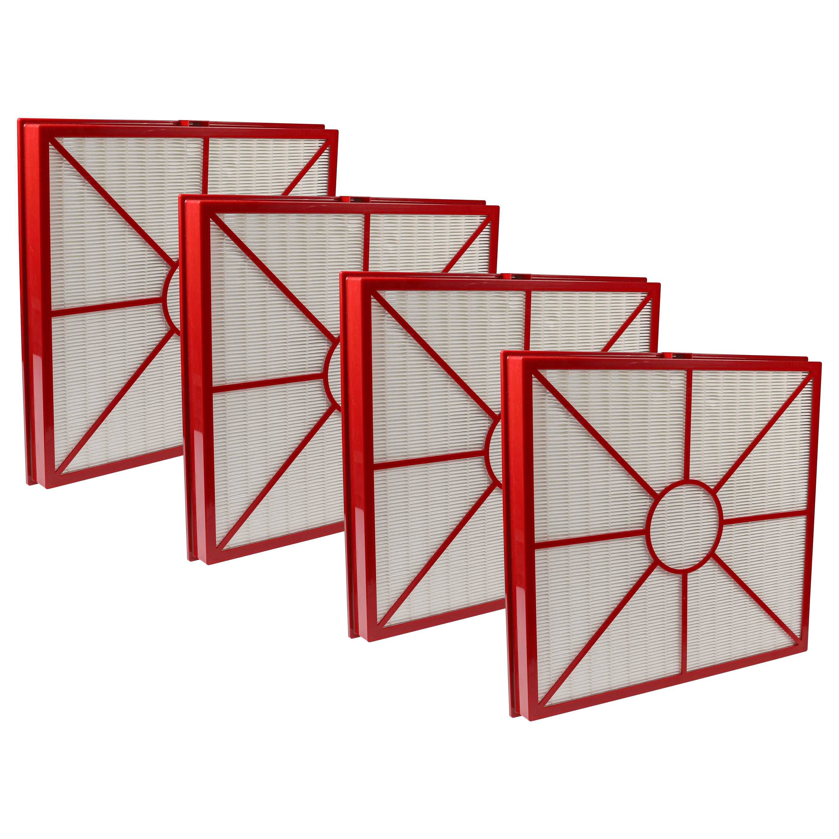 Vier rotgerahmte Luftfilter stehen aufrecht nebeneinander. Sie haben ein Maschenrostmuster und werden zu Filtrationszwecken verwendet.