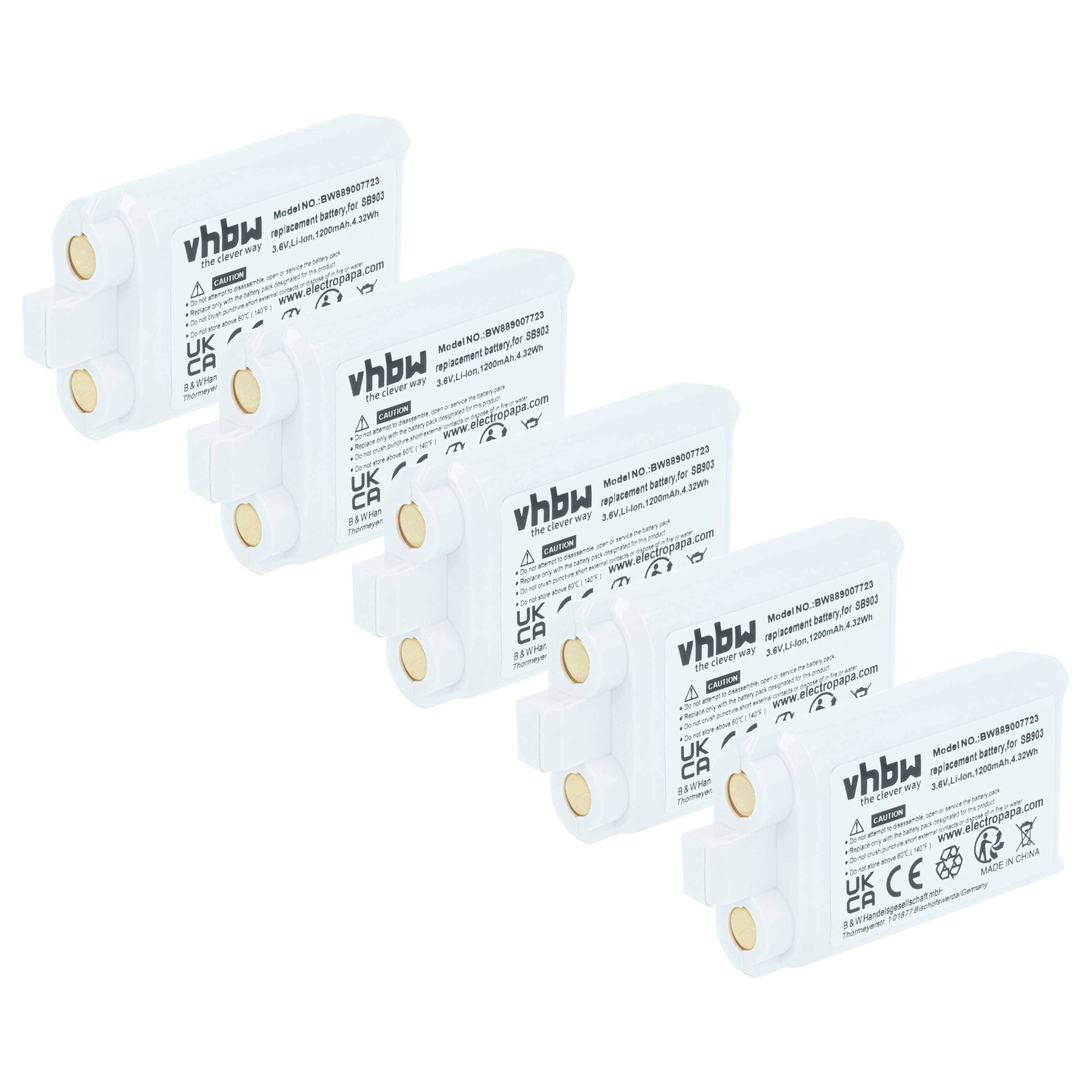 Fünf weiße vhbw Akkupacks sind in zwei Reihen angeordnet. Auf jedem Pack sind technische Spezifikationen und Sicherheitssymbole aufgedruckt.