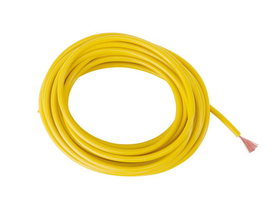 Ein aufgerollter gelber Elektrokabel mit einem freiliegenden Ende, geeignet für Verkabelung und elektrische Installationen.