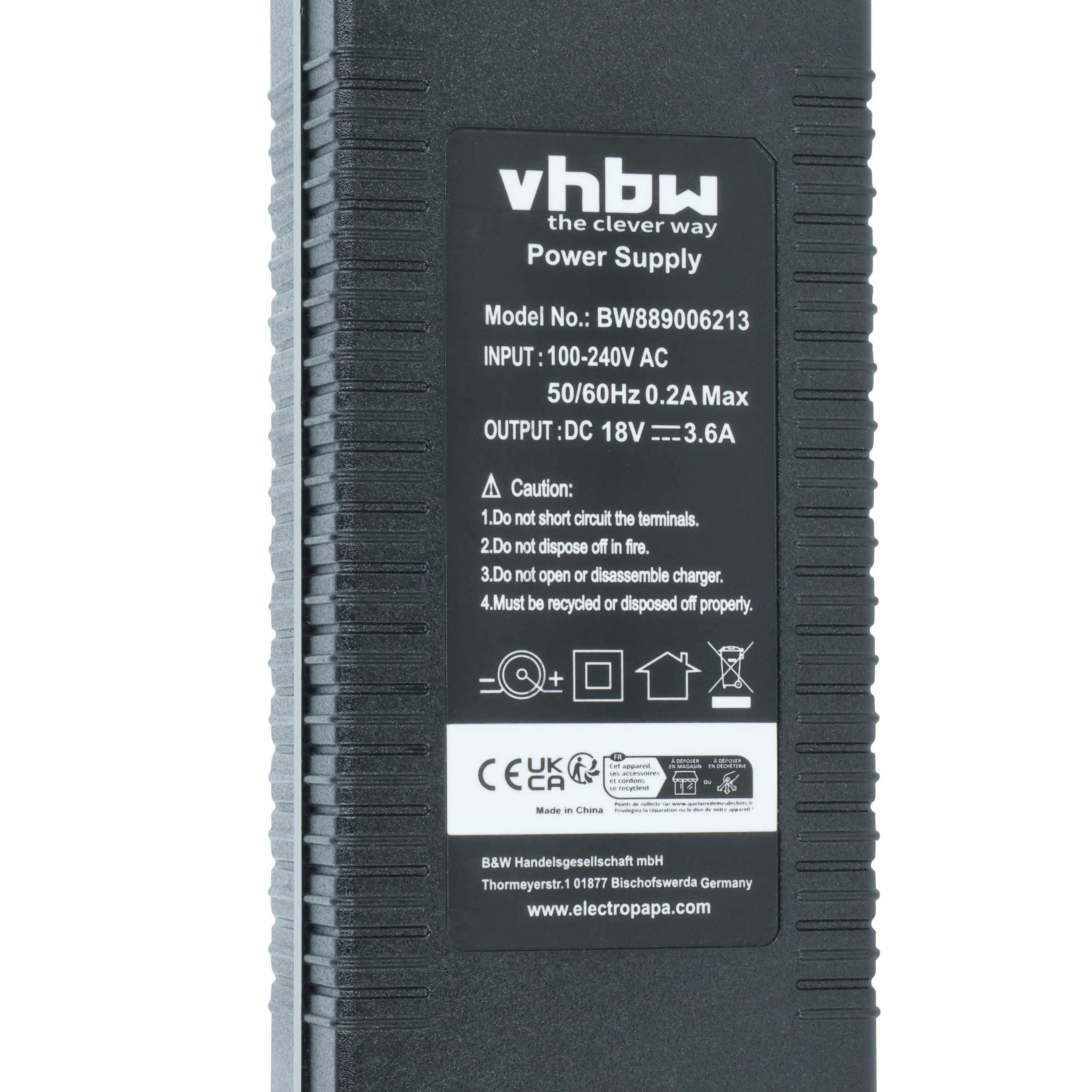 vhbw Stromversorgung, Modell: BWB89006213, Eingang: 100-240V AC, Ausgang: DC 18V. Vorsicht: Nicht kurzschließen oder Wasser aussetzen.