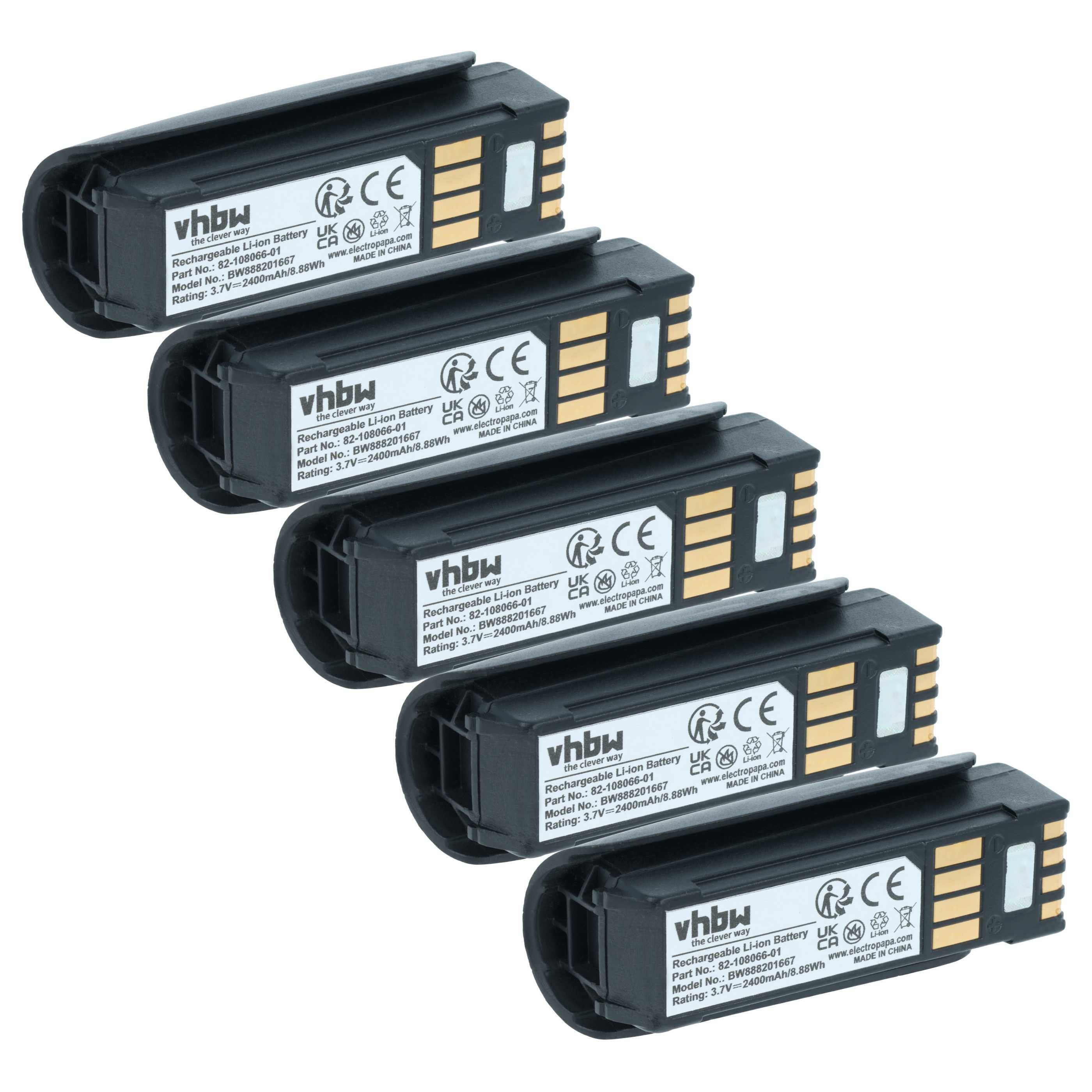 „Fünf vhbw-Kamerabatterien in einer Reihe angeordnet, zeigen Batteriekontakte und Etiketten mit Modellinformationen.