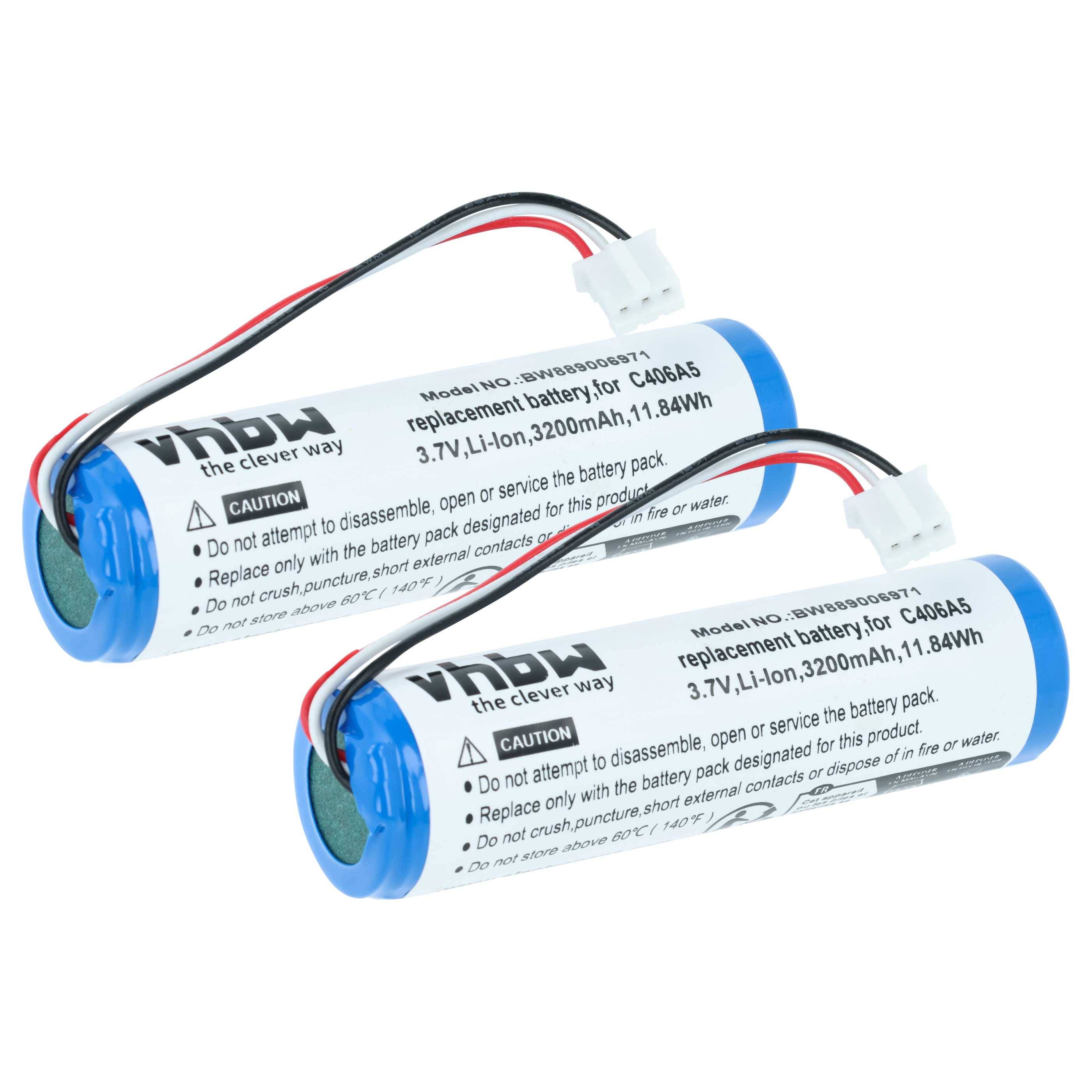 Zwei zylindrische 3200-mAh-Lithium-Ionen-Batterien mit angebrachten Drähten, gekennzeichnet für spezifische Modellverwendung, mit Vorsichtshinweisen.