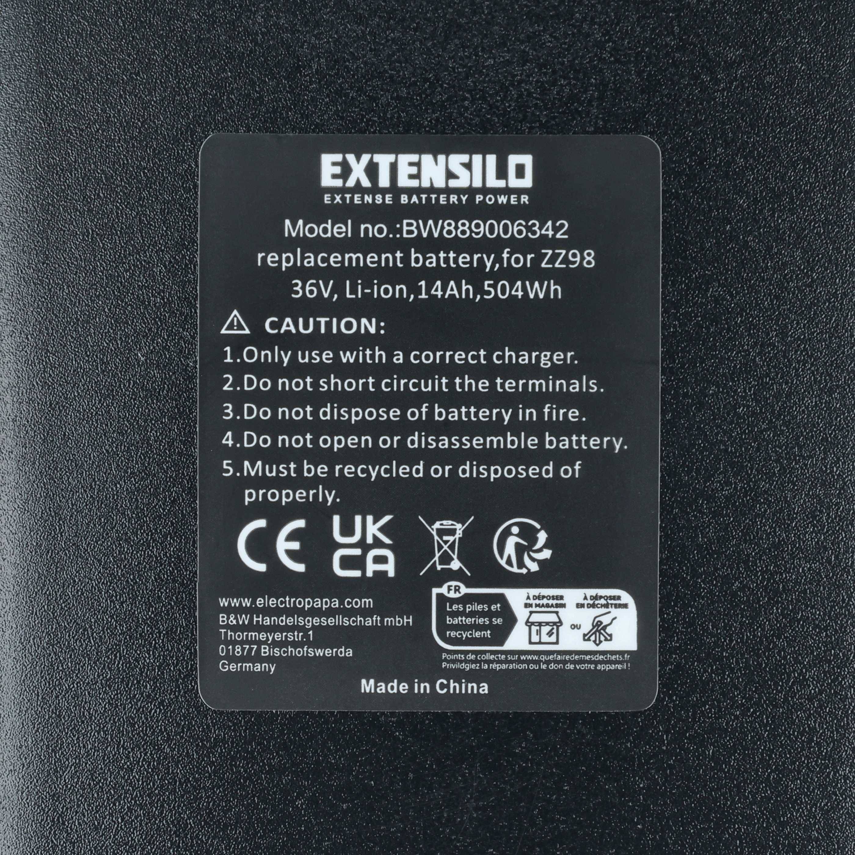 EXTENSILO Akku Ersatz für Prophete 326 | für E-Bike (14 Ah, 36 V, Li-Ion) - Schwarz