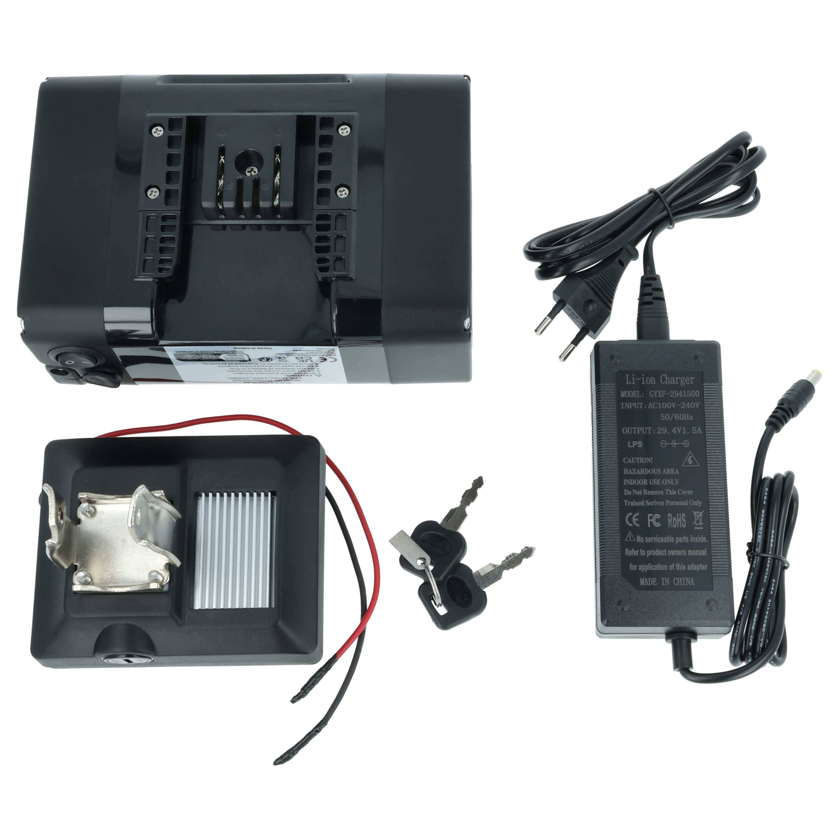 Elektro-Fahrrad-Batteriekit mit Ladegerät, Schlüsseln und Montageplatte.