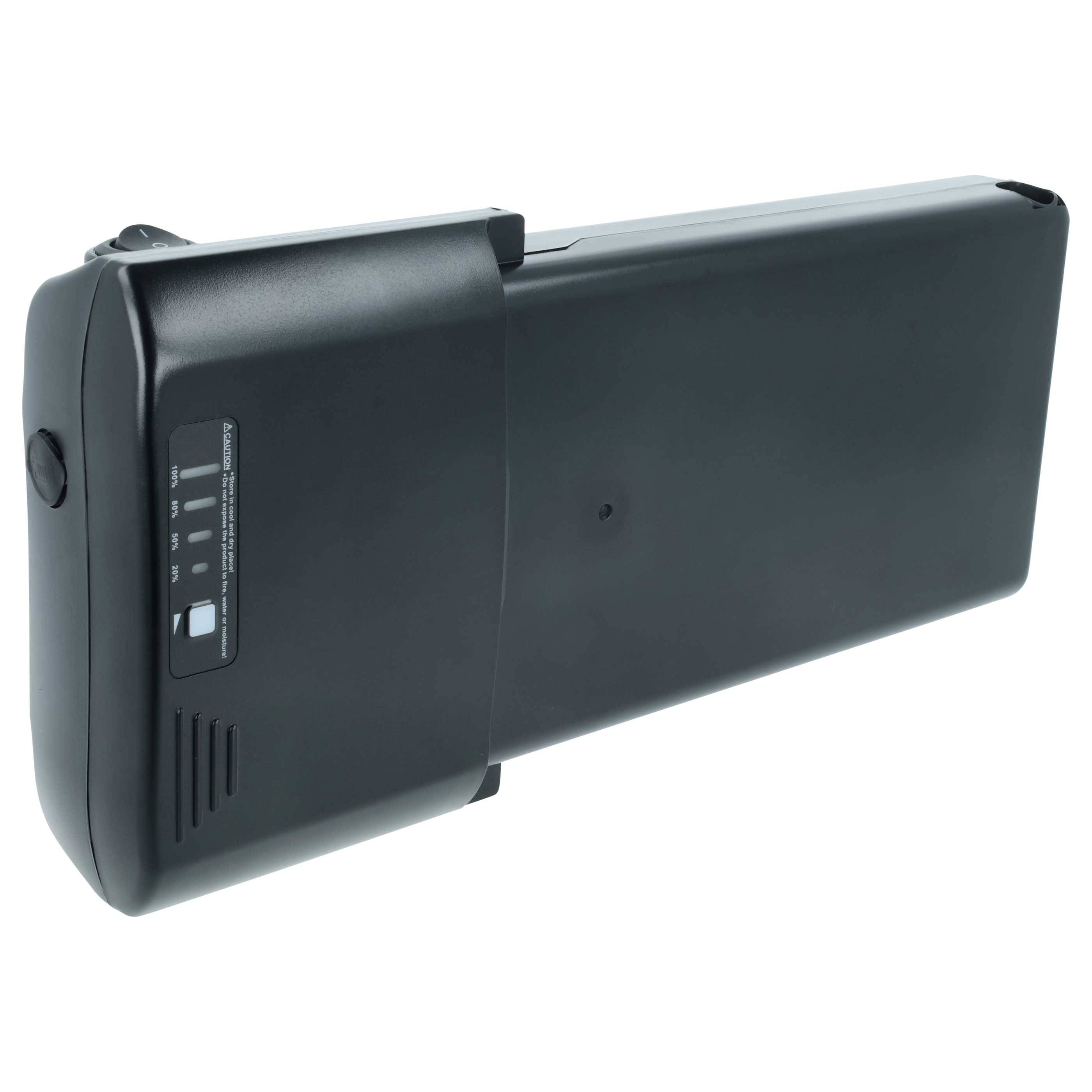 Eine schwarze rechteckige Fahrradbatterie mit einem kleinen Knopf und einer viergliedrigen LED-Anzeige an der Seite.