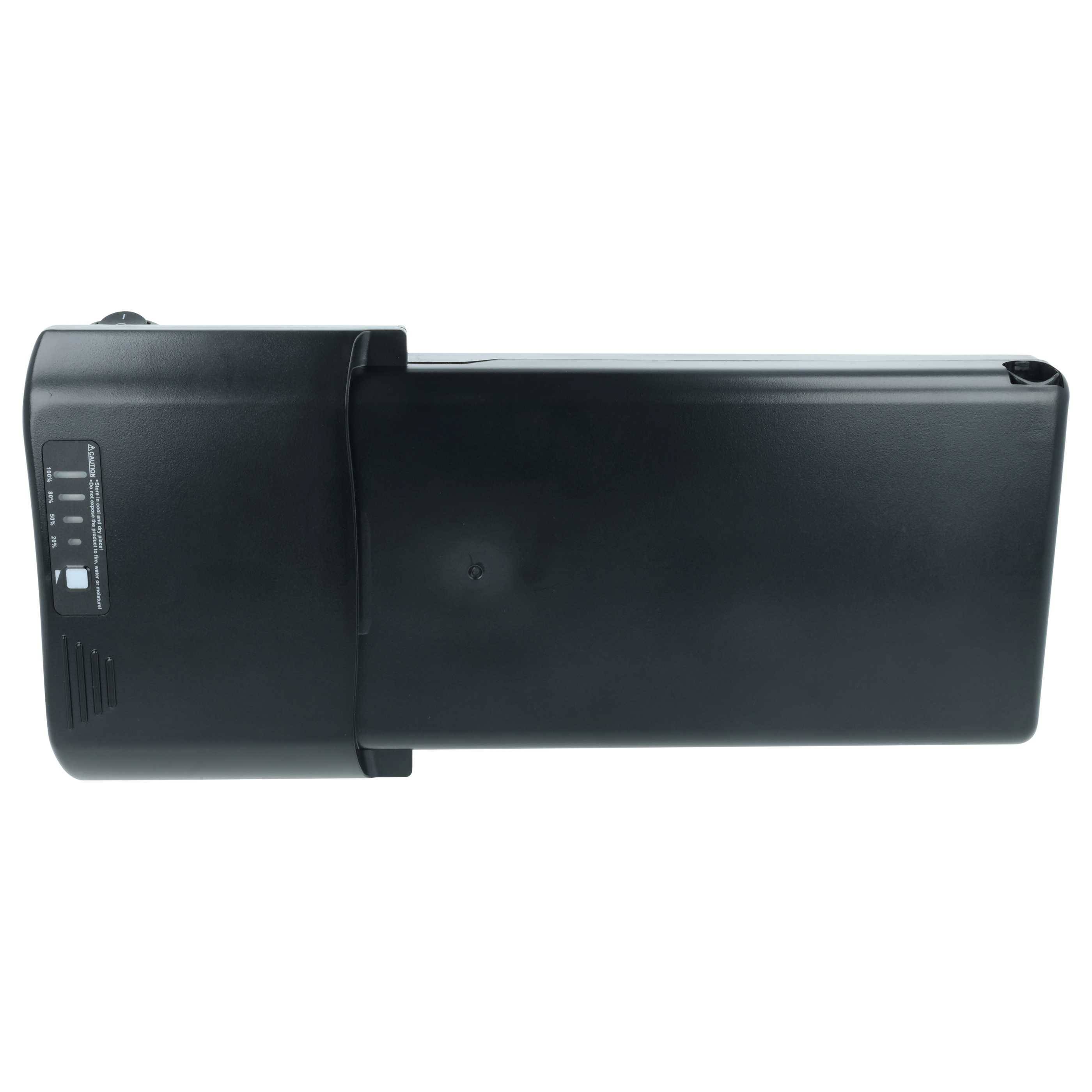 Schwarzes Batteriepaket mit Anzeigelichtern, die den Ladezustand von leer bis voll anzeigen.