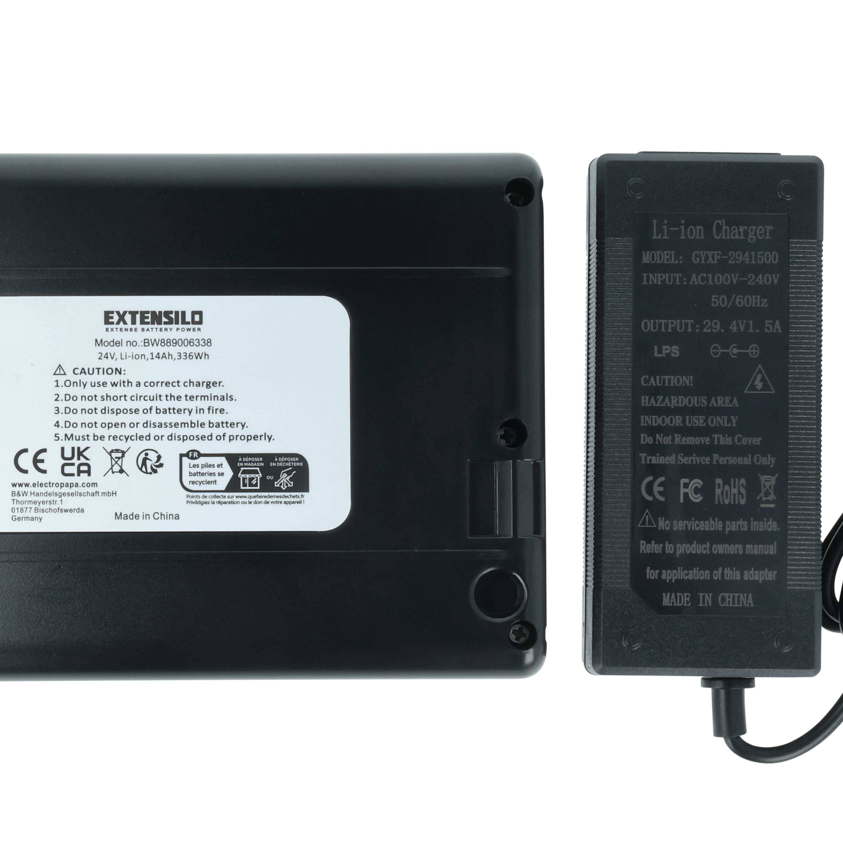 Eine Extensillo Lithium-Ionen-Batterie und ein Ladegerät mit Spezifikationen, einschließlich Spannung, Kapazität und Sicherheitswarnungen, werden nebeneinander angezeigt.