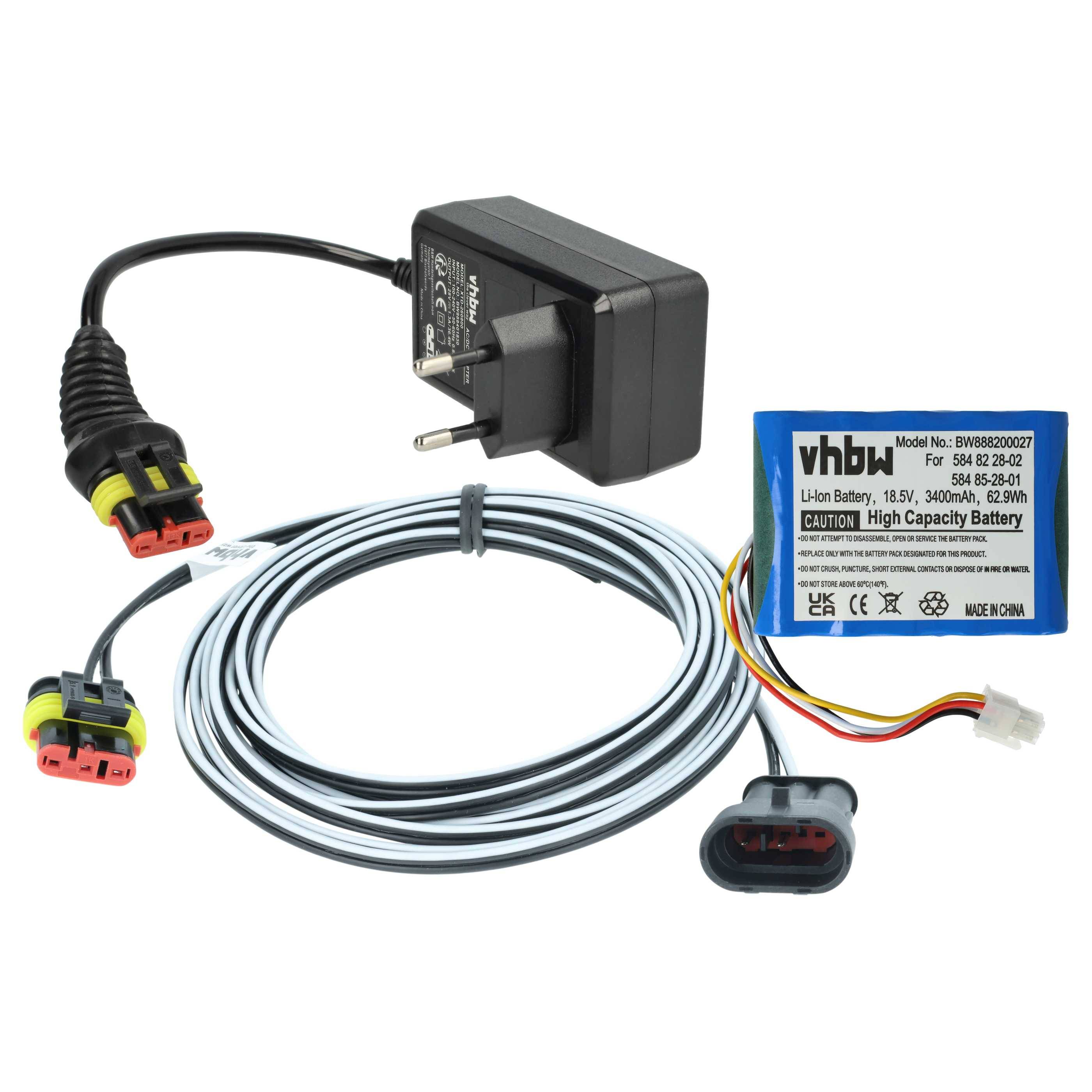Ein Batteriepaket mit Ladegerät und Kabeln, gekennzeichnet mit „vhbw