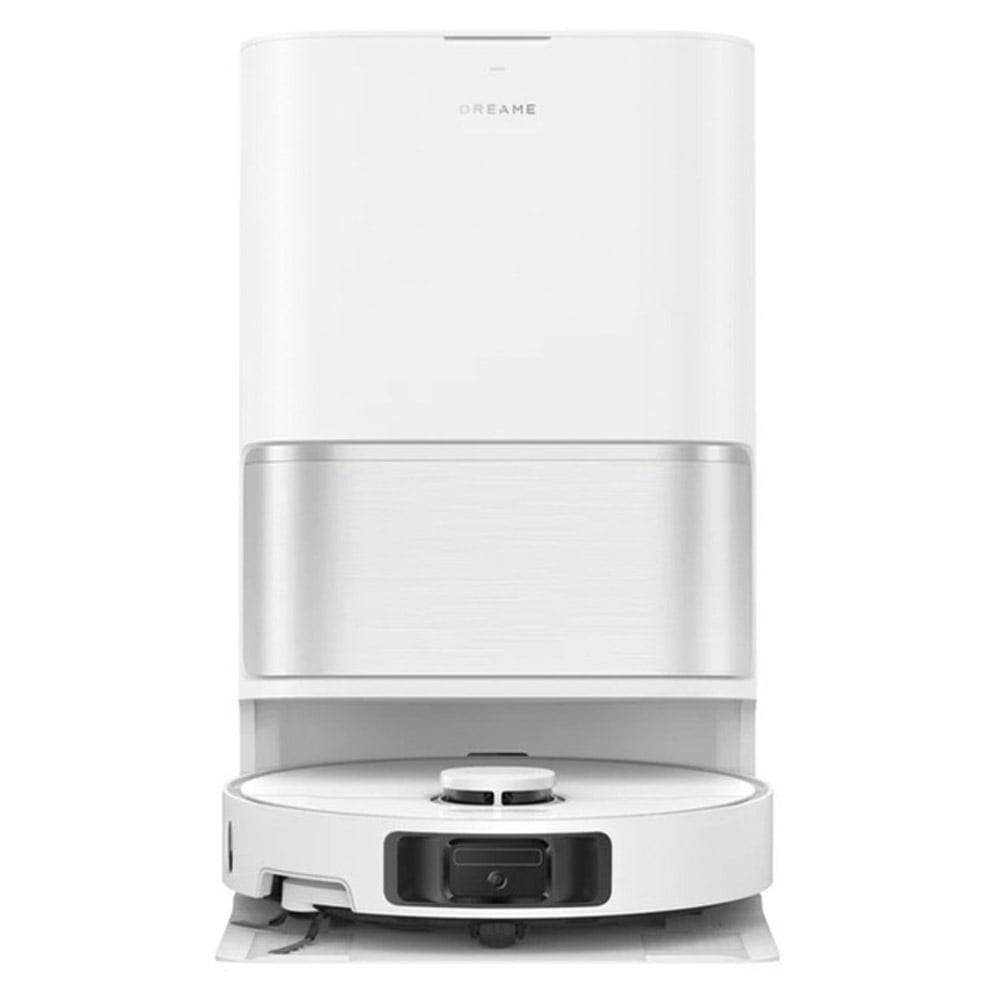 Ein weißer Roboterstaubsauger mit einer Ladestation. Er zeichnet sich durch ein schlankes, modernes Design mit glatter Oberfläche und einem silbernen Akzentband aus.