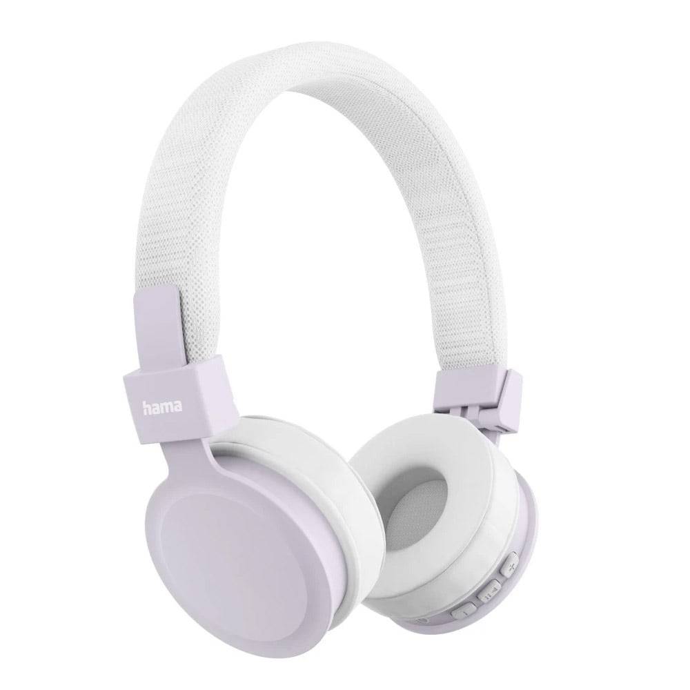 Lavendel- und weiße kabellose Kopfhörer mit gepolsterten Ohrpolstern und Steuertasten an der Seite. Geeignet für Musik und Anrufe.
