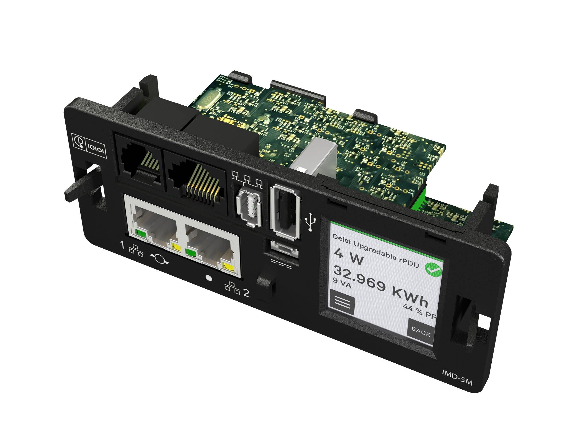 Elektronische Geräteplatte mit verschiedenen Anschlüssen und einem digitalen Display, das eine Leistungsaufnahme von 4W, 32.969 kWh und 44% Kapazität anzeigt.