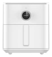 Ein weißer, quadratisch geformter Heißluftgarer mit einem digitalen Display in der Mitte, mit Griff und minimalistischem Design.