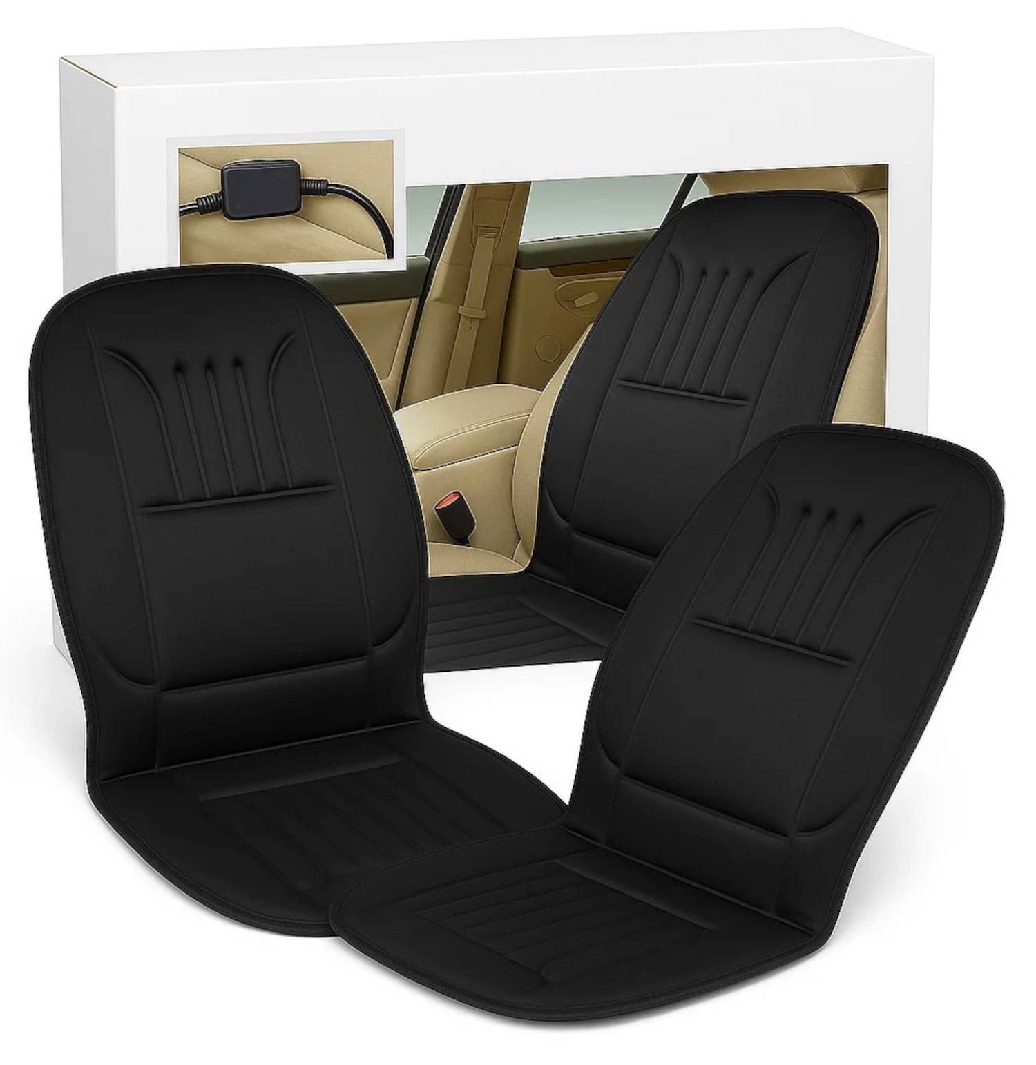 Schwarze Autositzbezüge, die vor einer Verpackungsbox angezeigt werden, die das Autoinnere zeigt.