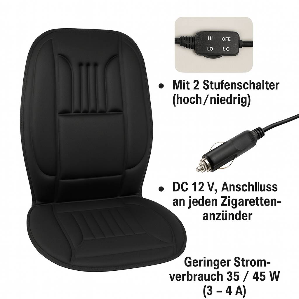Ein beheizter Autositzbezug mit zwei Heizstufen (hoch/niedrig), einem 12V-Stecker für den Zigarettenanzünder und niedrigem Stromverbrauch (35/45W).