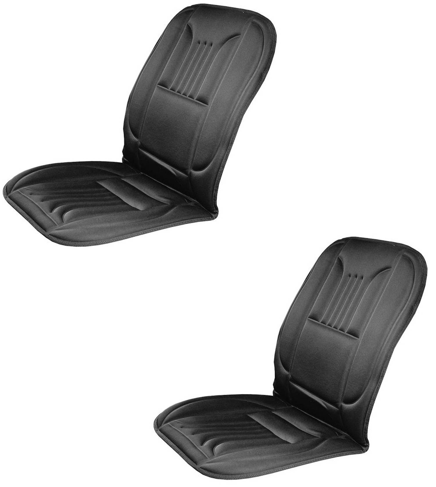 Zwei schwarze Autositzbezüge mit gerippter Polsterung und ergonomischem Design, nebeneinander positioniert, zeigen Komfortmerkmale.