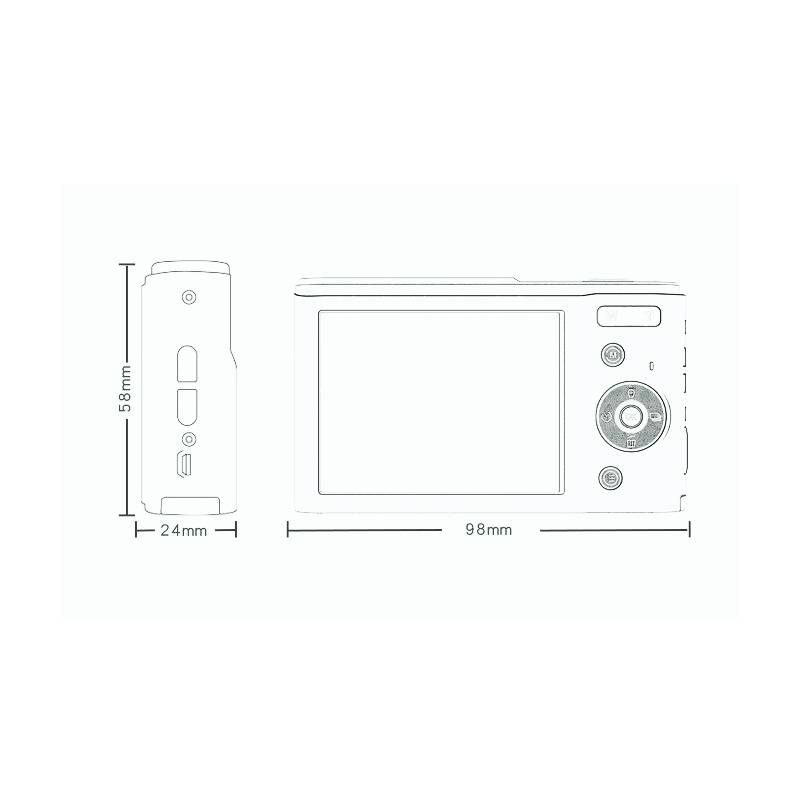 Schaubild der Abmessungen einer Digitalkamera: 98 mm breit, 59 mm hoch und 24 mm tief, mit Tasten und einem Display auf der Rückseite.