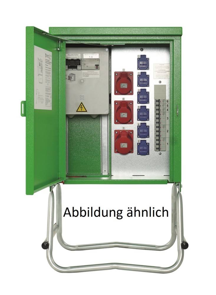 Ein grünes elektrisches Bedienfeld ist geöffnet und zeigt verschiedene Steckdosen und Schalter. Die Beschriftung darunter lautet „Abbildung ähnlich
