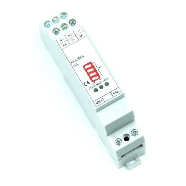 Ein auf einer Hutschiene montiertes Gerät mit der Bezeichnung MBUS64 CLV, ausgestattet mit Status-LEDs und Anschllussklemmen für RX, TX, L+ und M-.