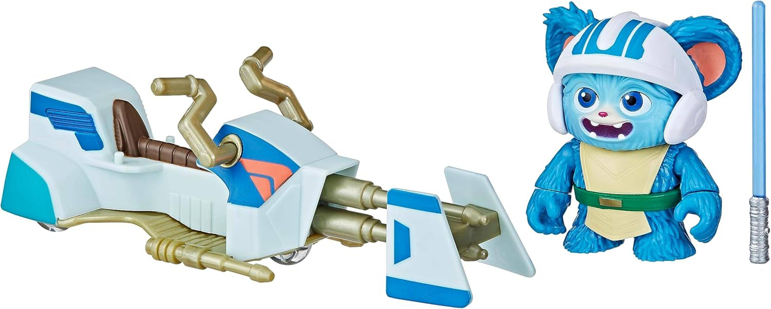 Ein Spielzeugroboter mit weißem und blauem Äußeren, das raketenähnliche Anbauteile und mechanische Gliedmaßen aufweist.