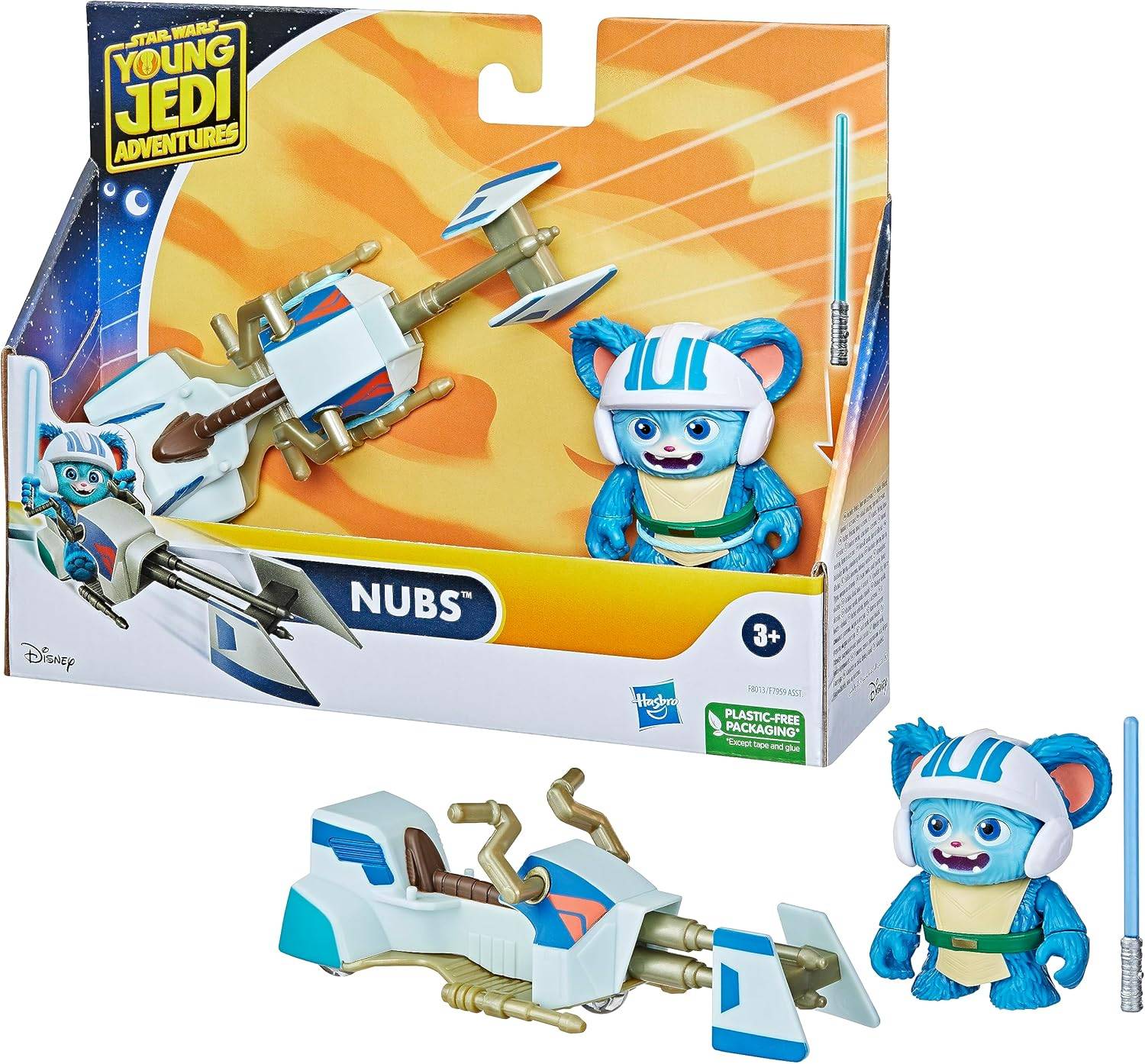 Spielzeugverpackung: Die Schachtel zeigt eine blaue Teddybär-Figur im Star-Wars-Thema mit einem kleinen Raumschiff-Modell. Beschriftet mit „Young Jedi Adventures: Nubs.