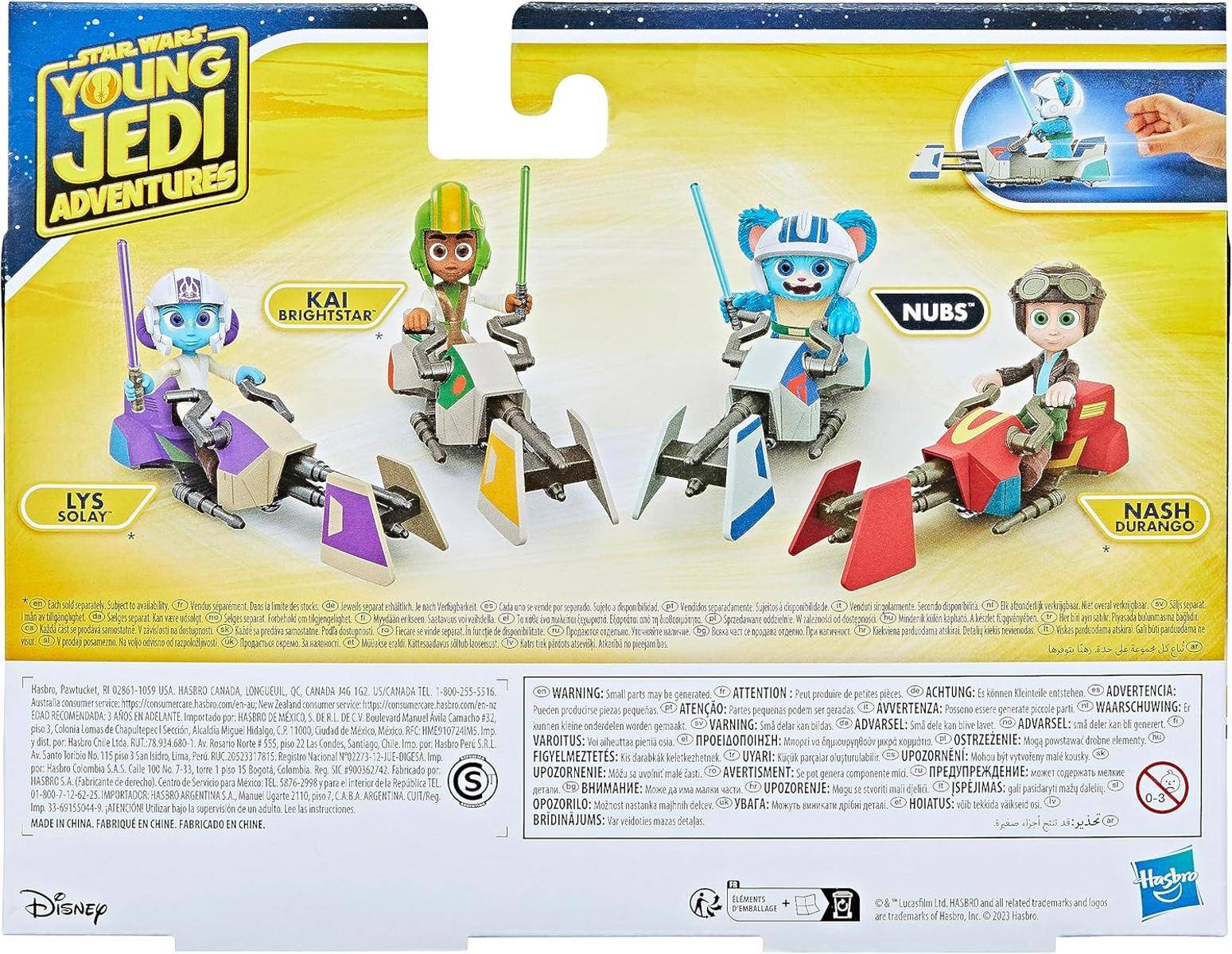 Vier Cartoon-Figuren fahren futuristische Schwebfahrzeuge mit farbigen Akzenten; benannt sind sie „Kai Brightstar