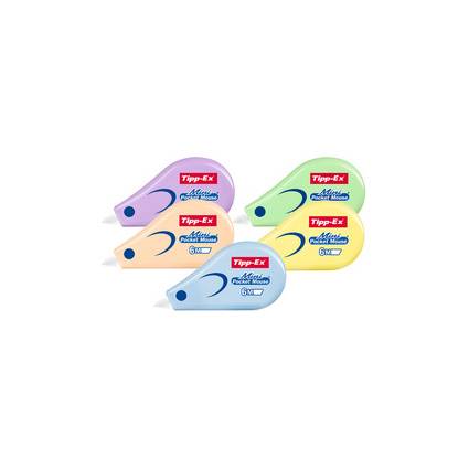 Fünf Tipp-Ex-Korrekturroller in Pastellfarben (Rosa, Grün, Gelb, Pfirsich, Blau), beschriftet mit „Mini Pocket Mouse