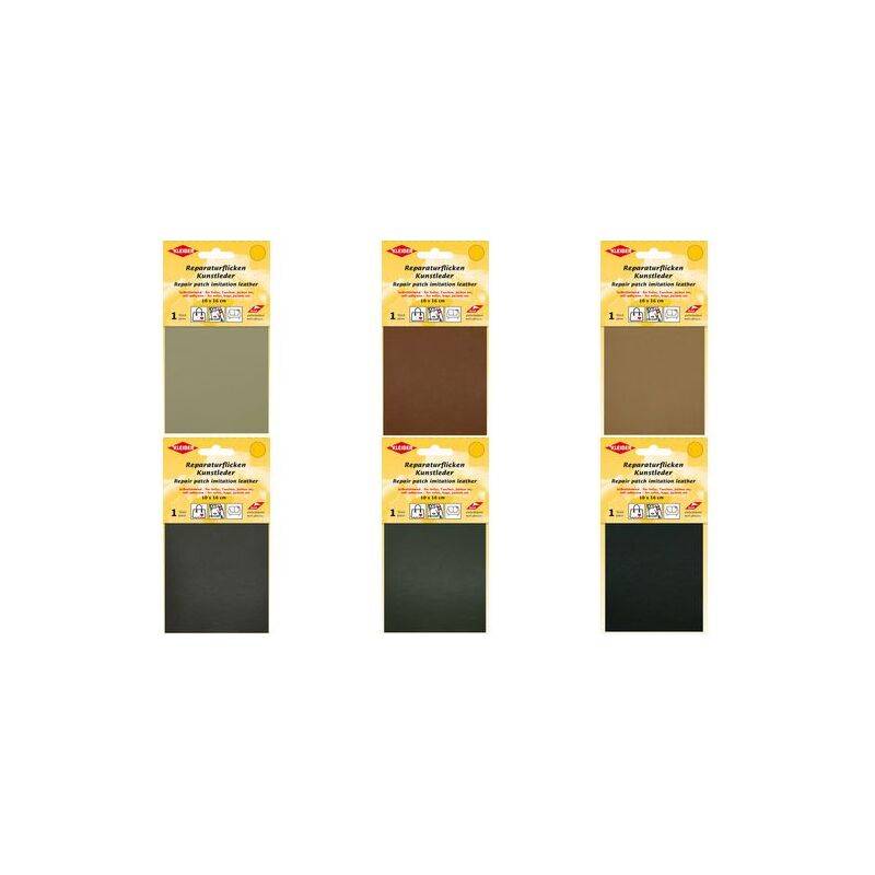 Sechs Farbmuster-Karten für Holzbeize mit Tönen von Beige, Braun und Dunkelgrün. Jede Karte zeigt eine entsprechende Holzoberfläche.