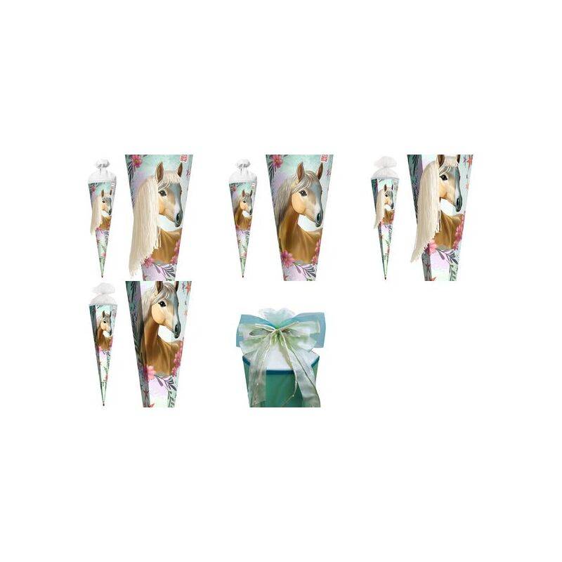 „Mehrere farbenfrohe kegelförmige Geschenktüten mit Pferdemotiv, mit einer eingewickelten Geschenkbox in der Mitte.