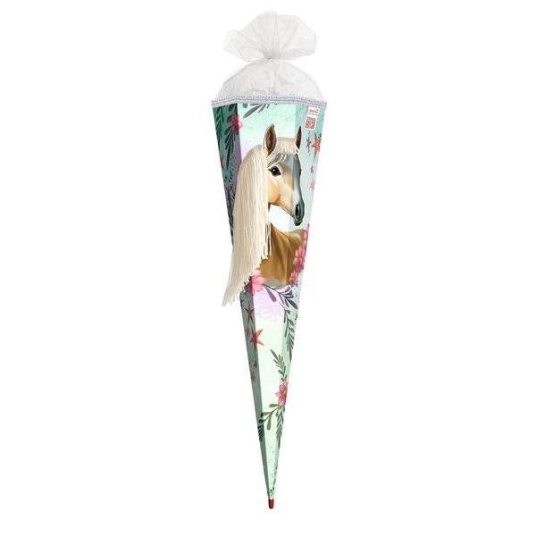 Schultüte Pferd Bella - sechseckig 85 cm Wollmähne und Glitzerborte