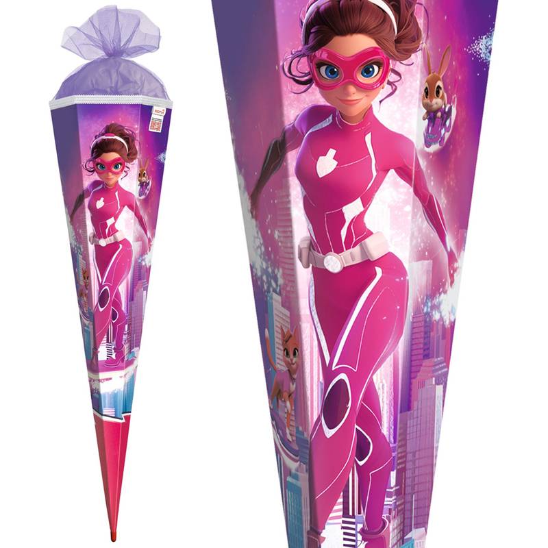 Ein violetter und rosa Geschenkzuckertüte für Kinder mit einem Cartoon-Superheldenmädchen in dynamischer Pose, mit Stadtkulisse im Hintergrund und einem kleinen Begleiter.