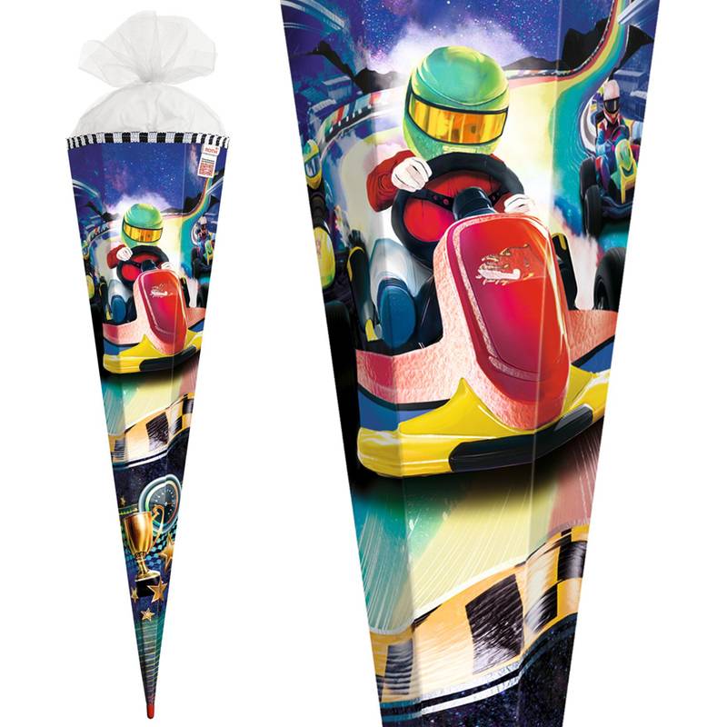 Ein farbenfroher Kegel mit rennwagenthematischen Illustrationen mit Kartfahrern, die auf einer Strecke rasen, karierten Flaggen und einer Trophäe.