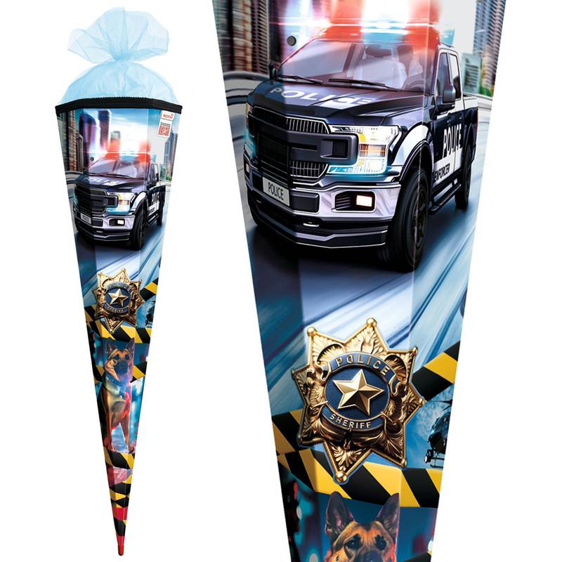 Polizei-motivierte Geschenktasche mit einem Bild eines Polizeifahrzeugs mit eingeschalteten Lichtern, einem Polizeiabzeichen und einem Deutschen Schäferhund im Vordergrund.