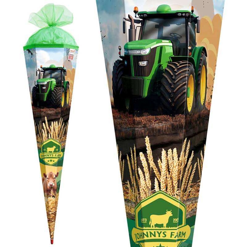 Ein farbenfrohes kegelförmiges Paket mit einem großen grünen Traktor auf einem Feld mit Heu und Weizen. Gekennzeichnet mit 'Johnny's Farm'.