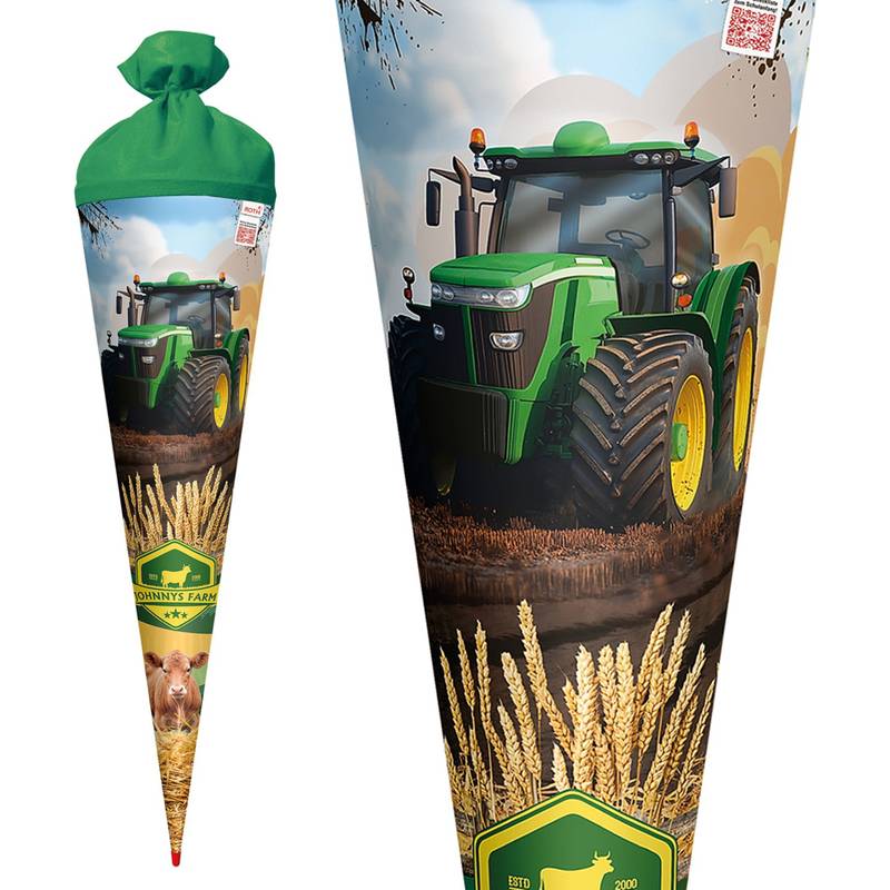 Ein lebendiges Bild eines großen grünen Traktors auf einem Bauernhof, umgeben von Weizenfeldern unter blauem Himmel, symbolisiert Landwirtschaft und Ackerbau.